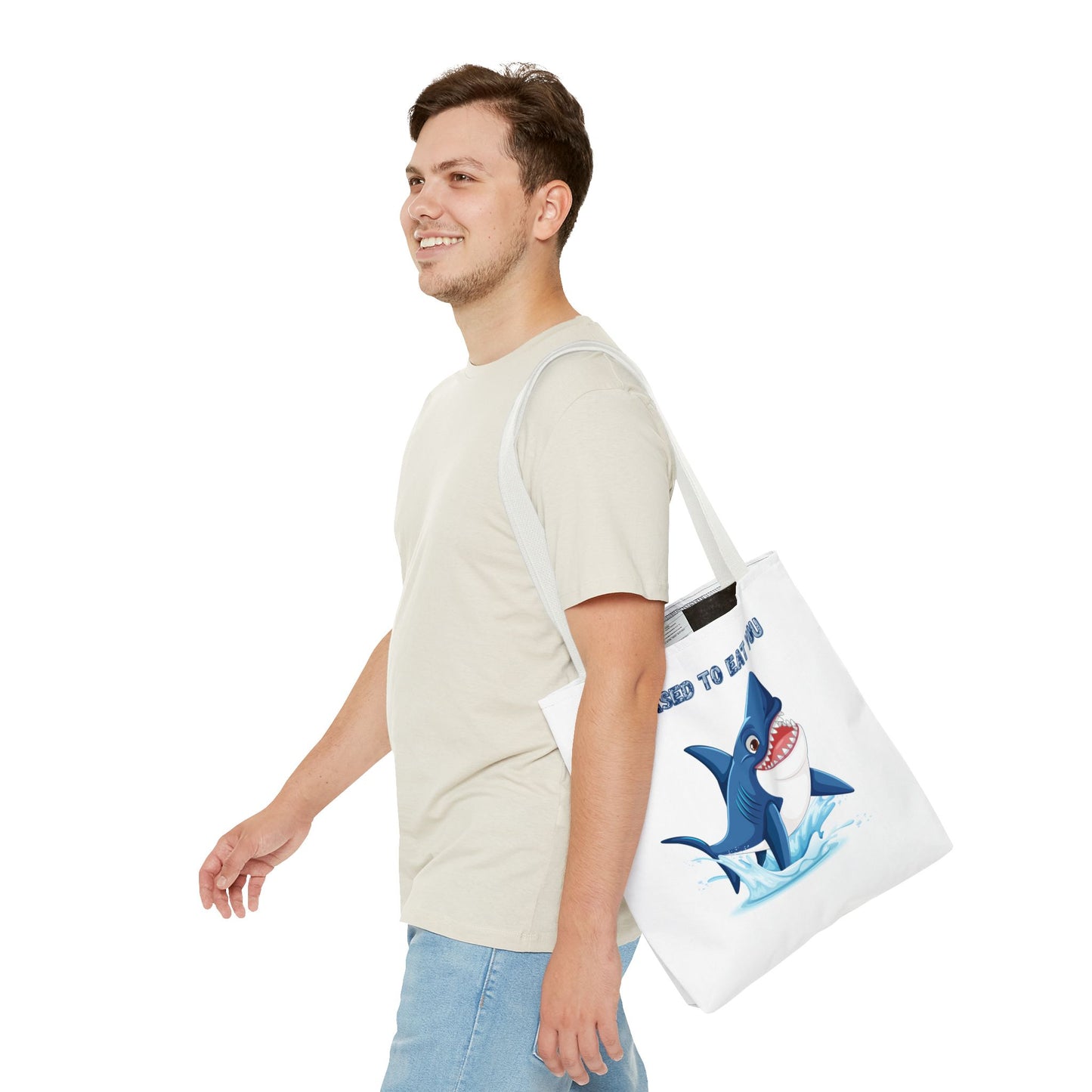 Humorous cartoon shark with threatening text Tote Bag