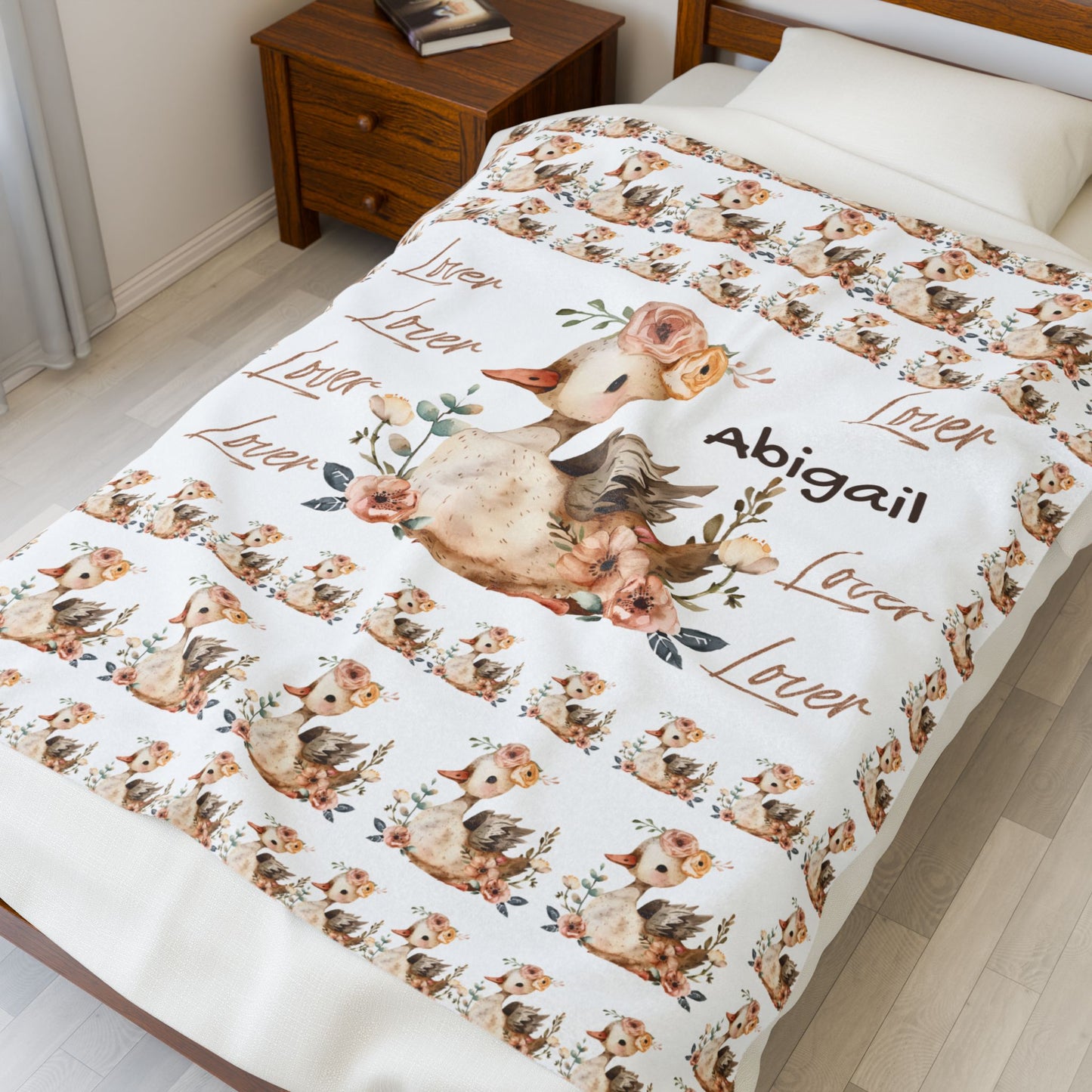 Personalized Velveteen Plush Blanket with Floral Duck Design | Cozy Gift for Baby Nursery, Birthday, Baby Shower, New Parents