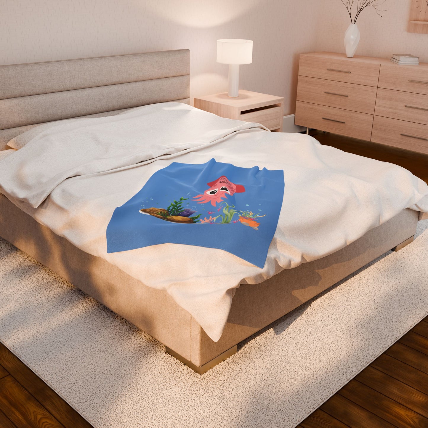 Pink squid cartoon with love Velveteen Plush Blanket