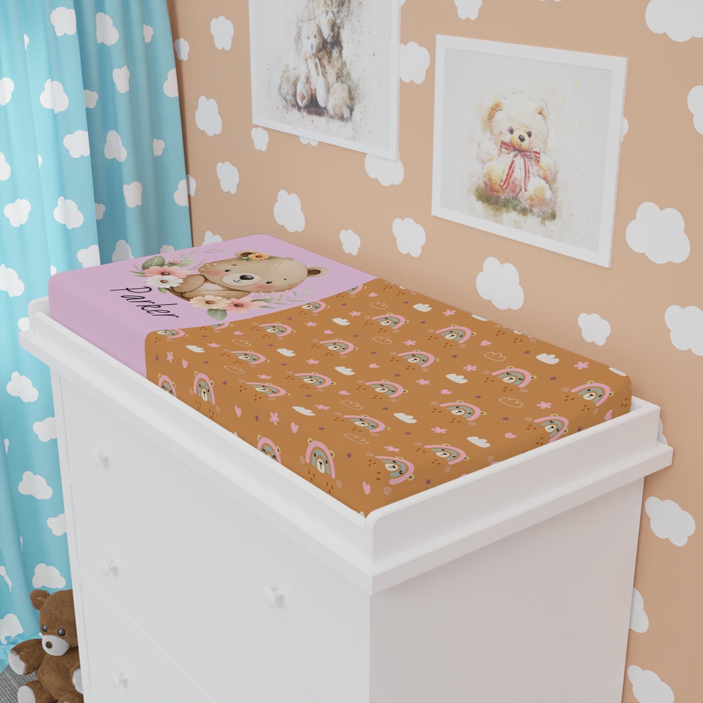 Personalized Baby Changing Pad Cover – Floral Teddy & Rainbow Print