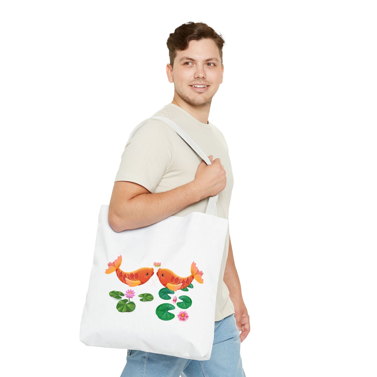 Golden koi fish with lotus flowers Tote Bag