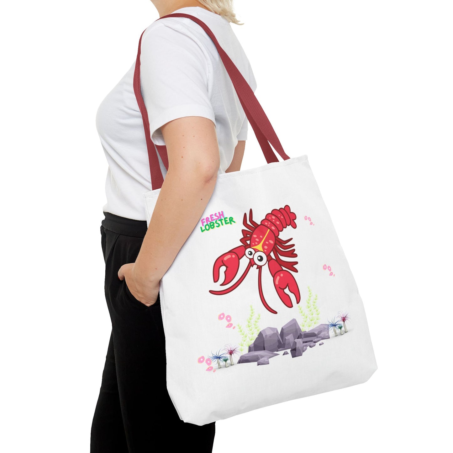 Friendly red lobster big eyes and yellow strip Tote Bag