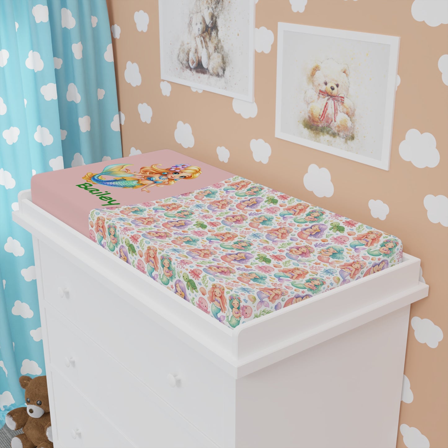 Mermaid Baby Changing Pad Cover – Personalized Floral Newborn Nursery Accessory