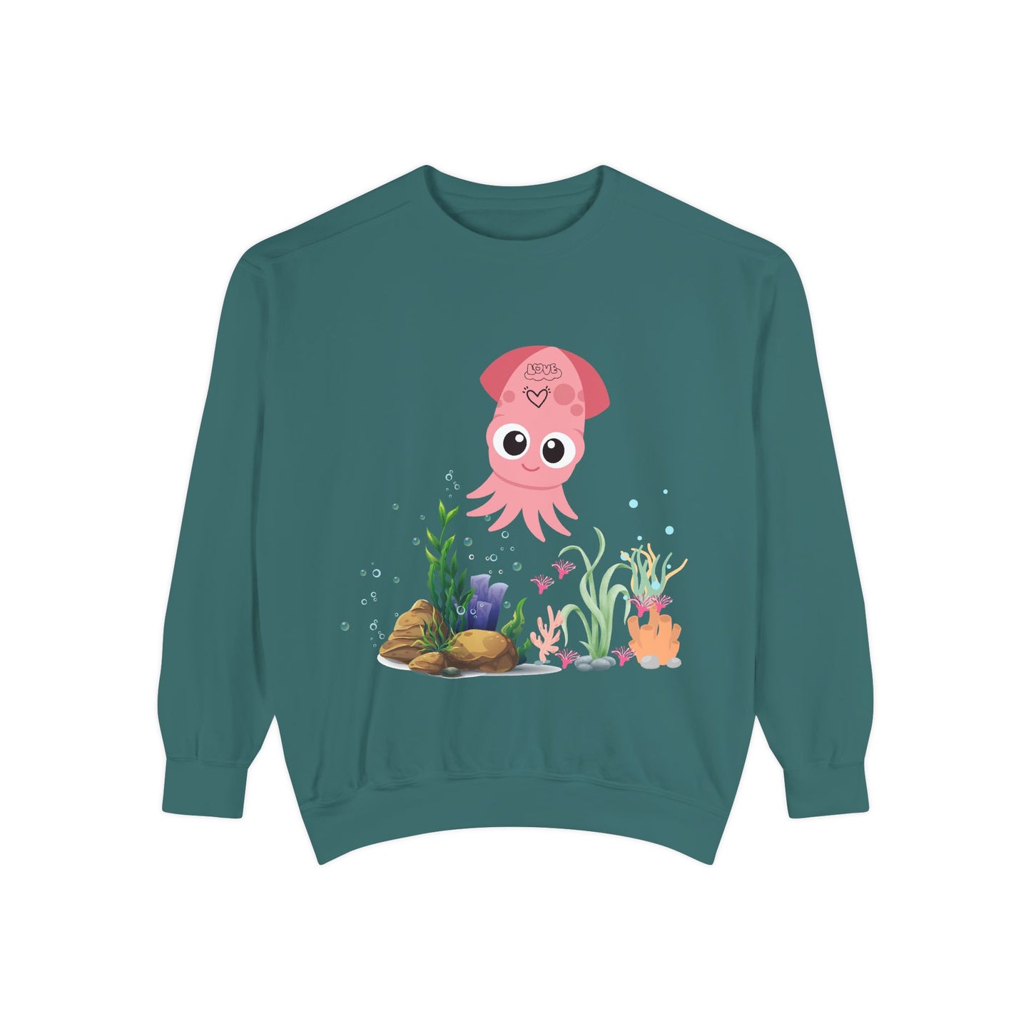 Pink squid cartoon with love Unisex Garment-Dyed Sweatshirt