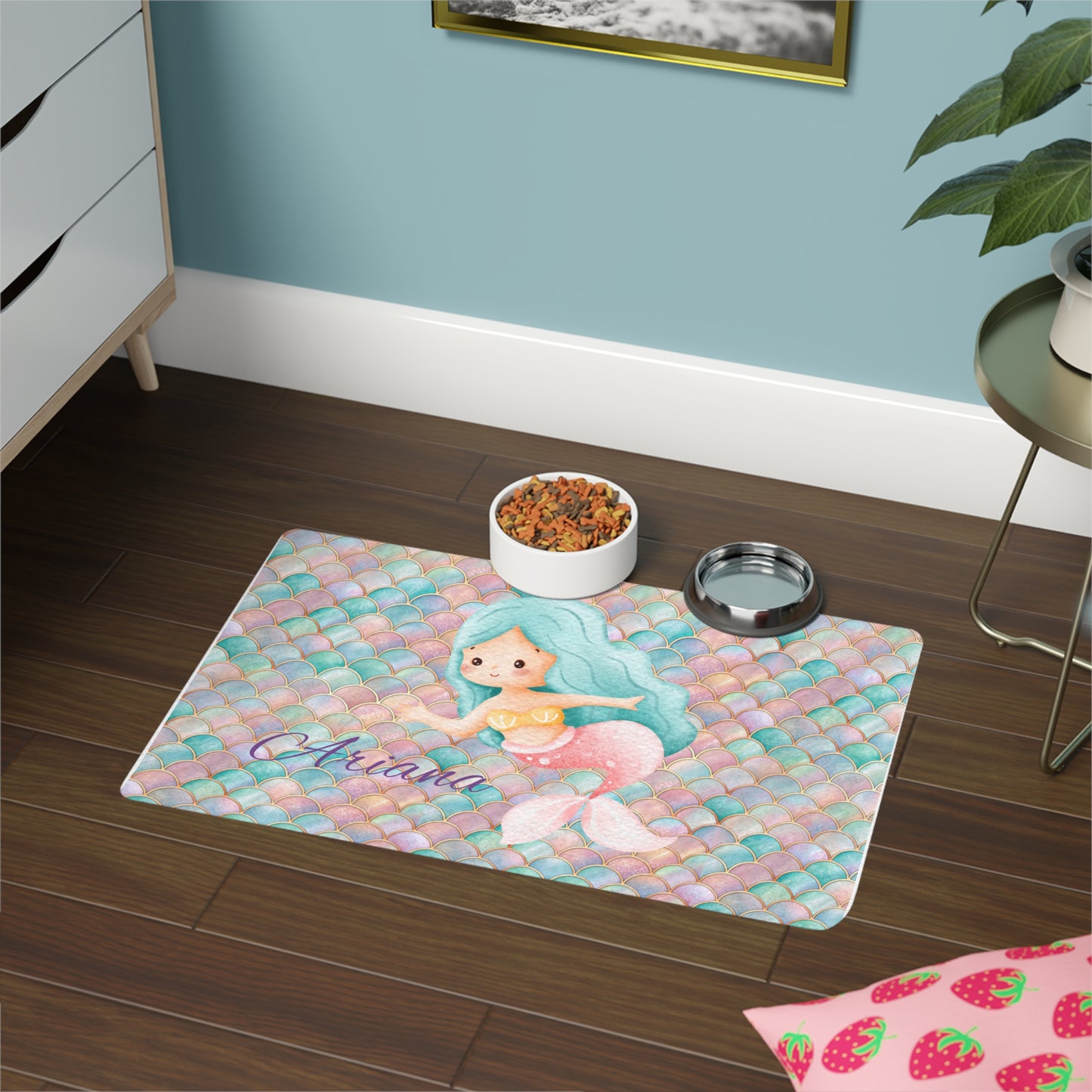 Personalized Mermaid Pet Food Mat (12x18) — Pastel Seashell Design