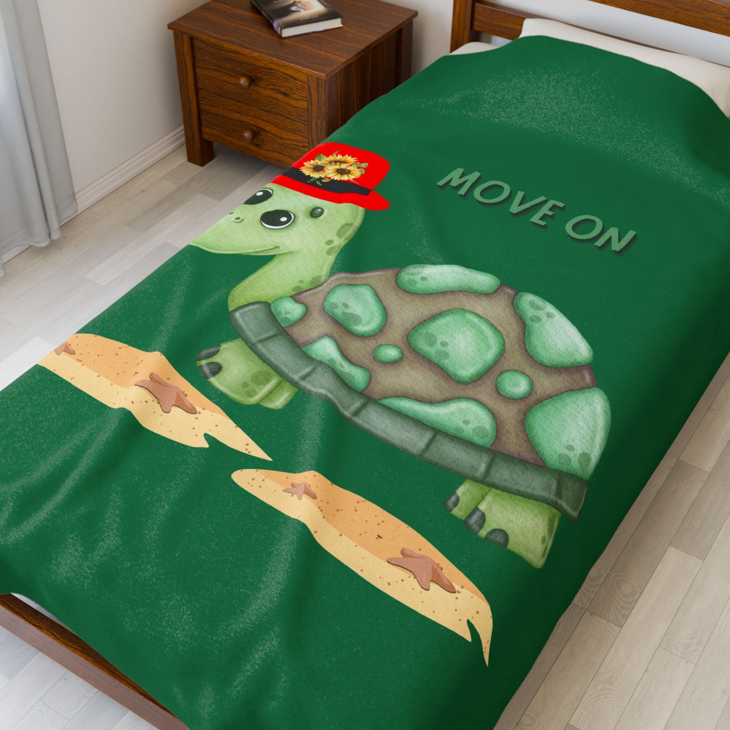 Turtle with a sunflower hat Velveteen Plush Blanket