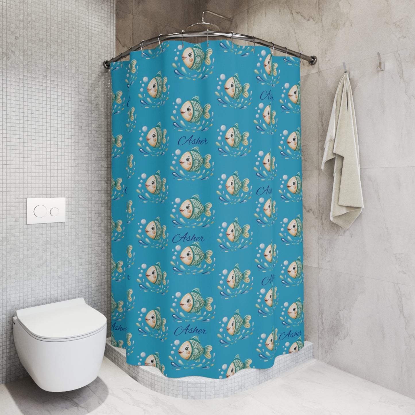 Fish Pattern Shower Curtain — Personalized "Asher" Blue Kids Bathroom Decor