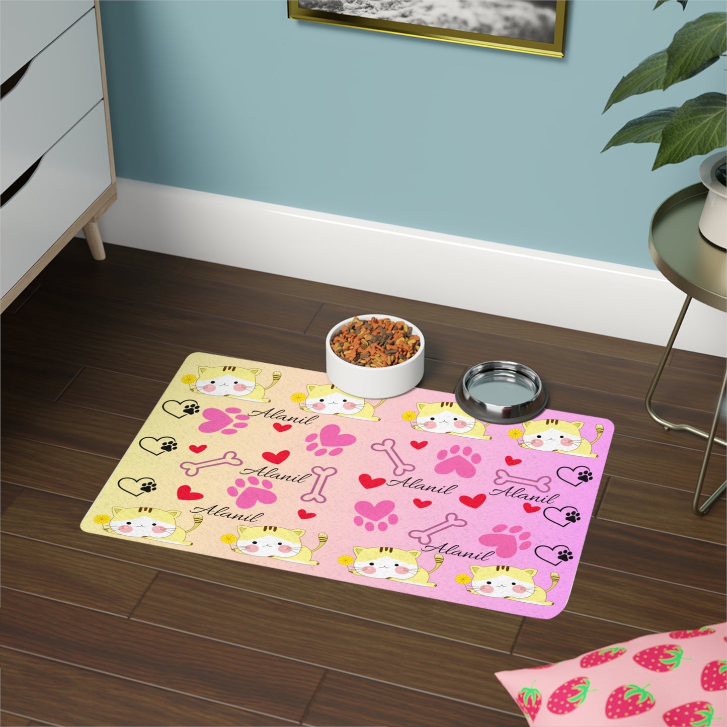 Personalized Cute Cat & Paws Pet Food Mat (12x18)