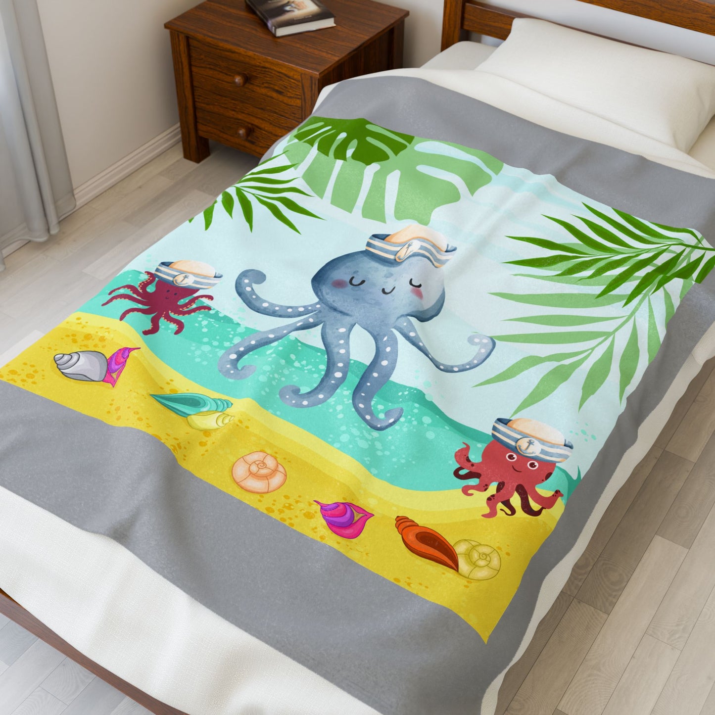 Octopus on a beach scene with tropical Velveteen Plush Blanket