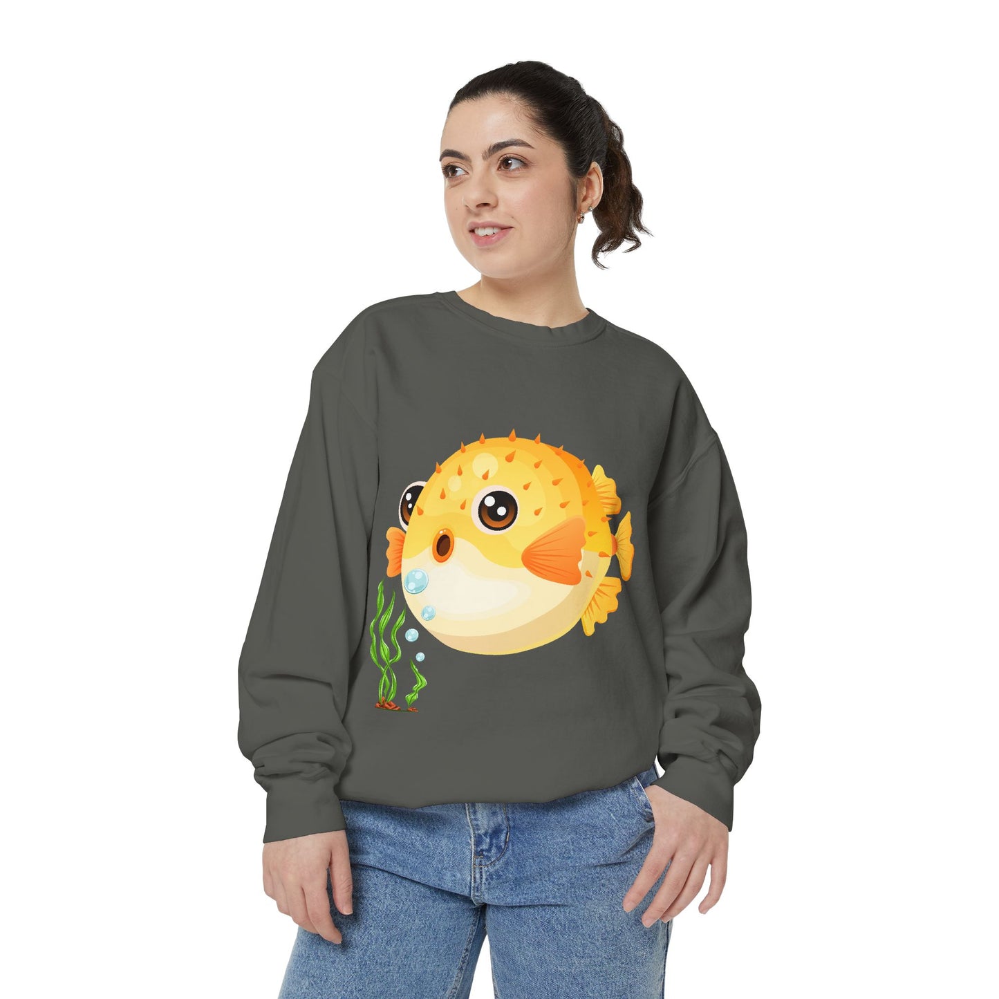 Cartoon Pufferfish with seaweed Unisex Garment-Dyed Sweatshirt