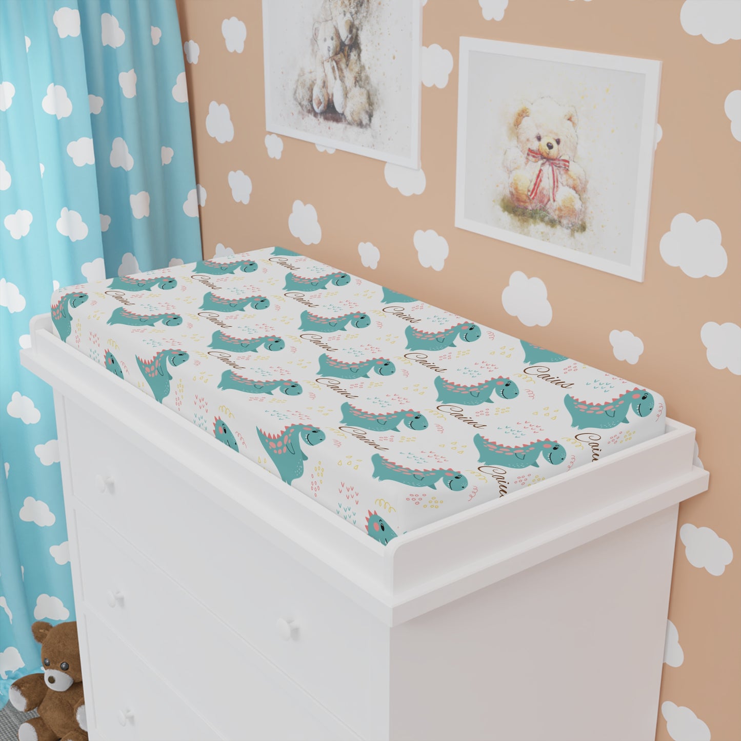 Dinosaur Baby Changing Pad Cover — Teal Dino Nursery Changing Pad Fitted Cover