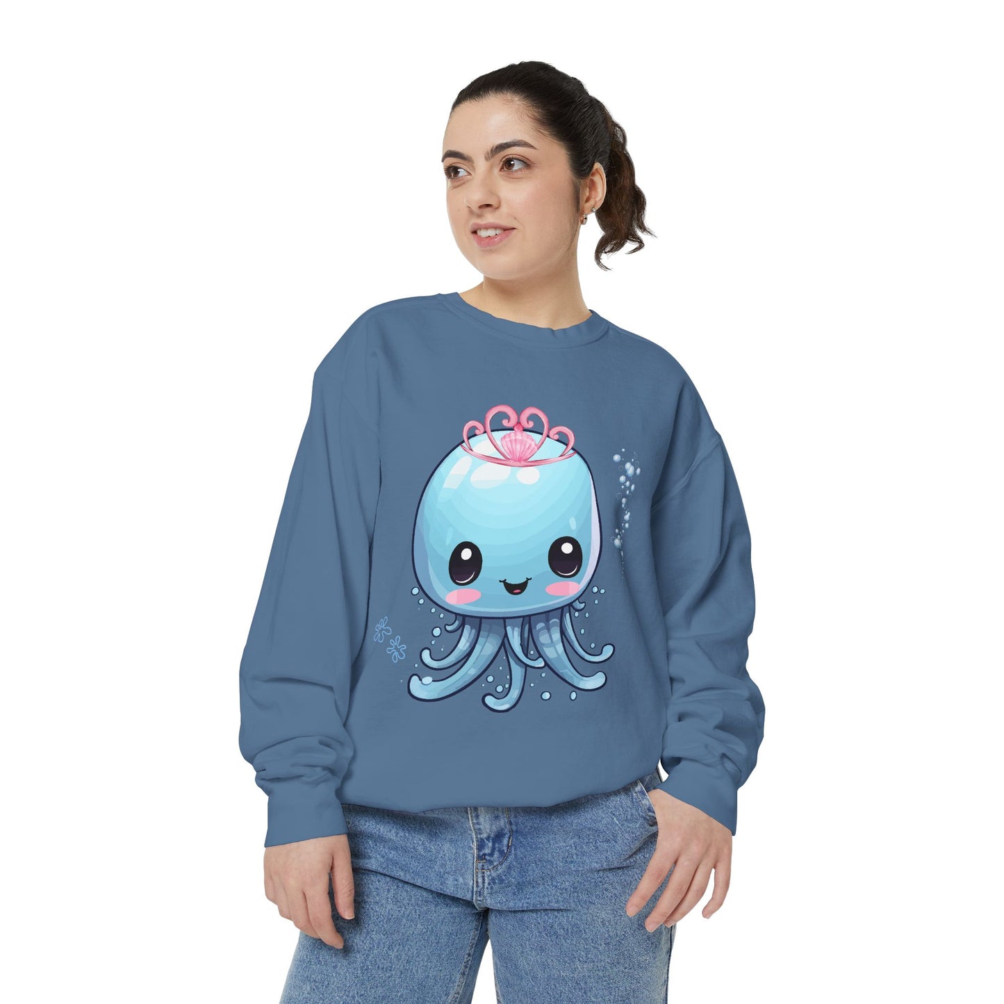 Blue jellyfish with a pink tiara Unisex Garment-Dyed Sweatshirt