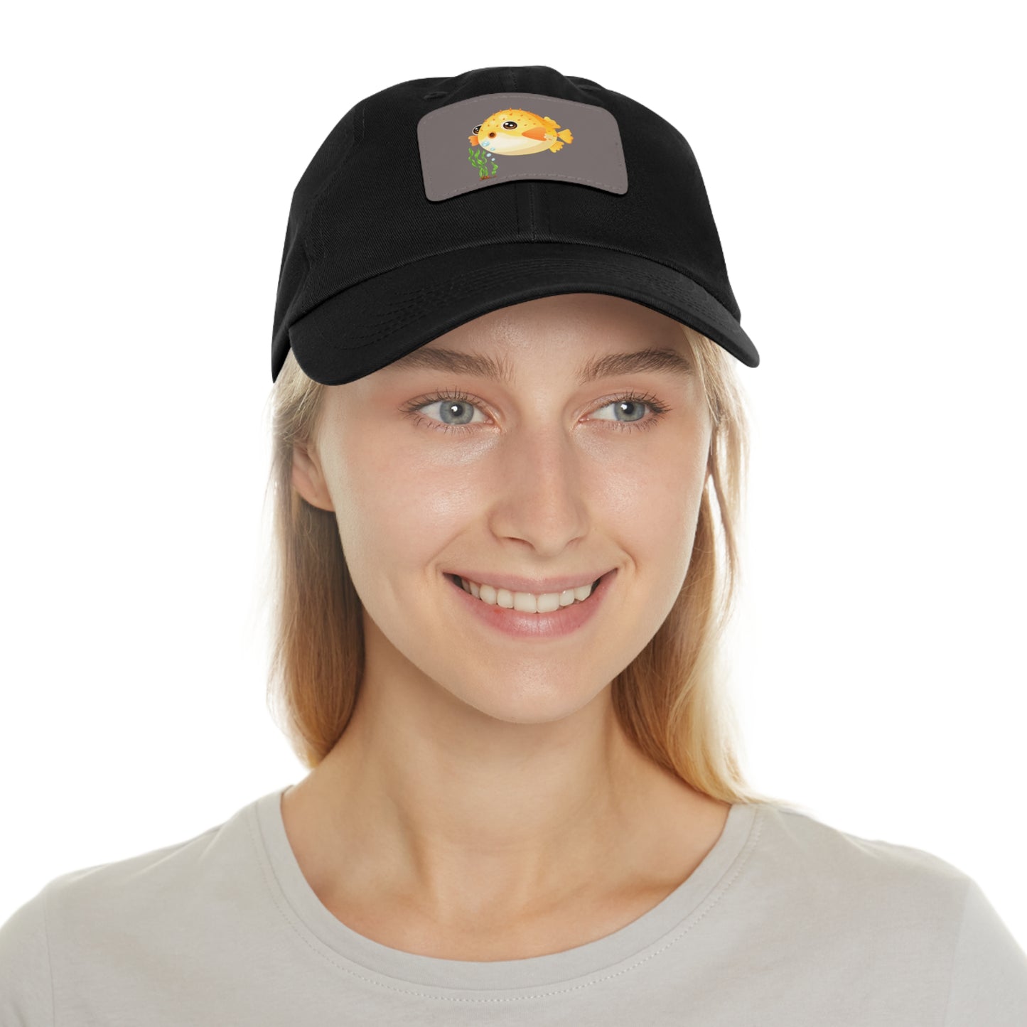 Cartoon Pufferfish with seaweed Dad Hat with Leather Patch (Rectangle)