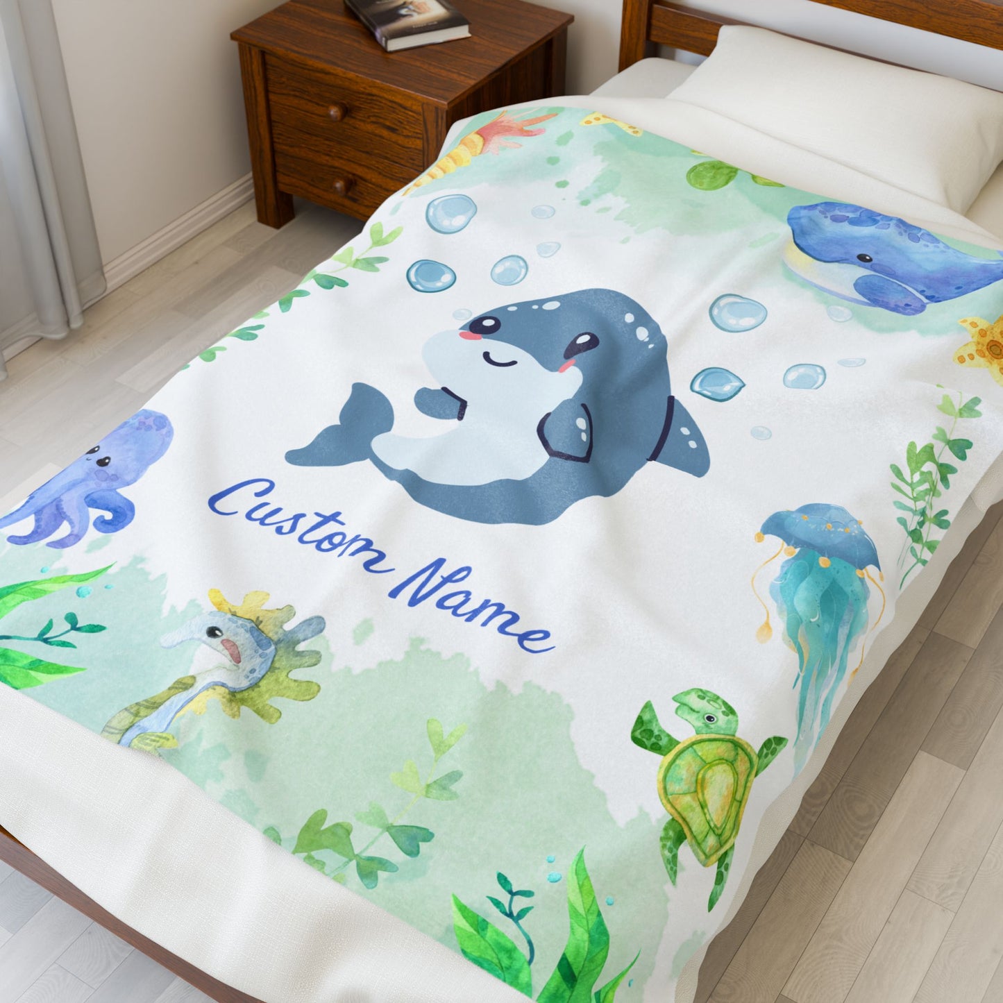 Customizable Velveteen Plush Blanket with Cute Marine Design, Ideal for Kids' Rooms, Gifts for Birthdays, Showers, and Holidays, Cozy Decor