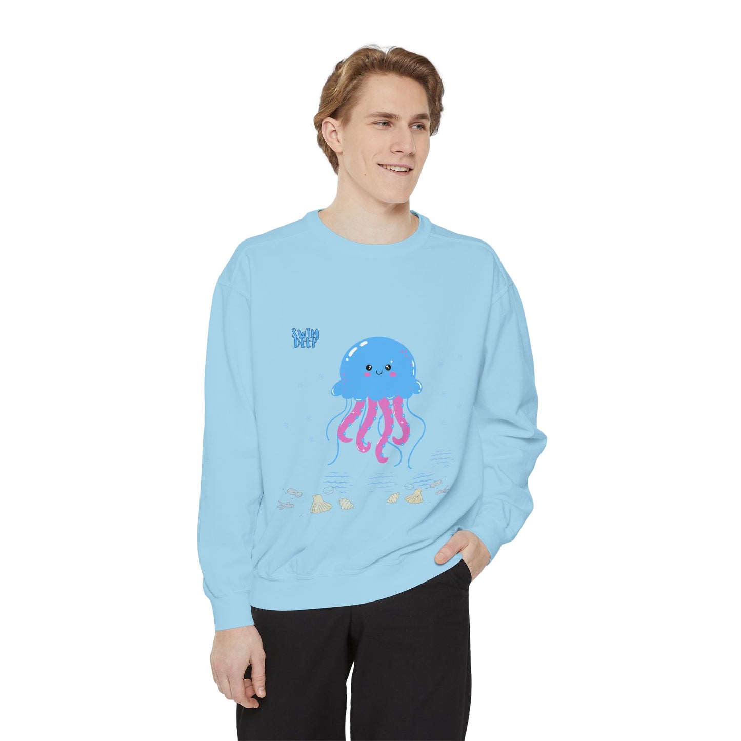 Blue jellyfish with pink tentacles Unisex Garment-Dyed Sweatshirt