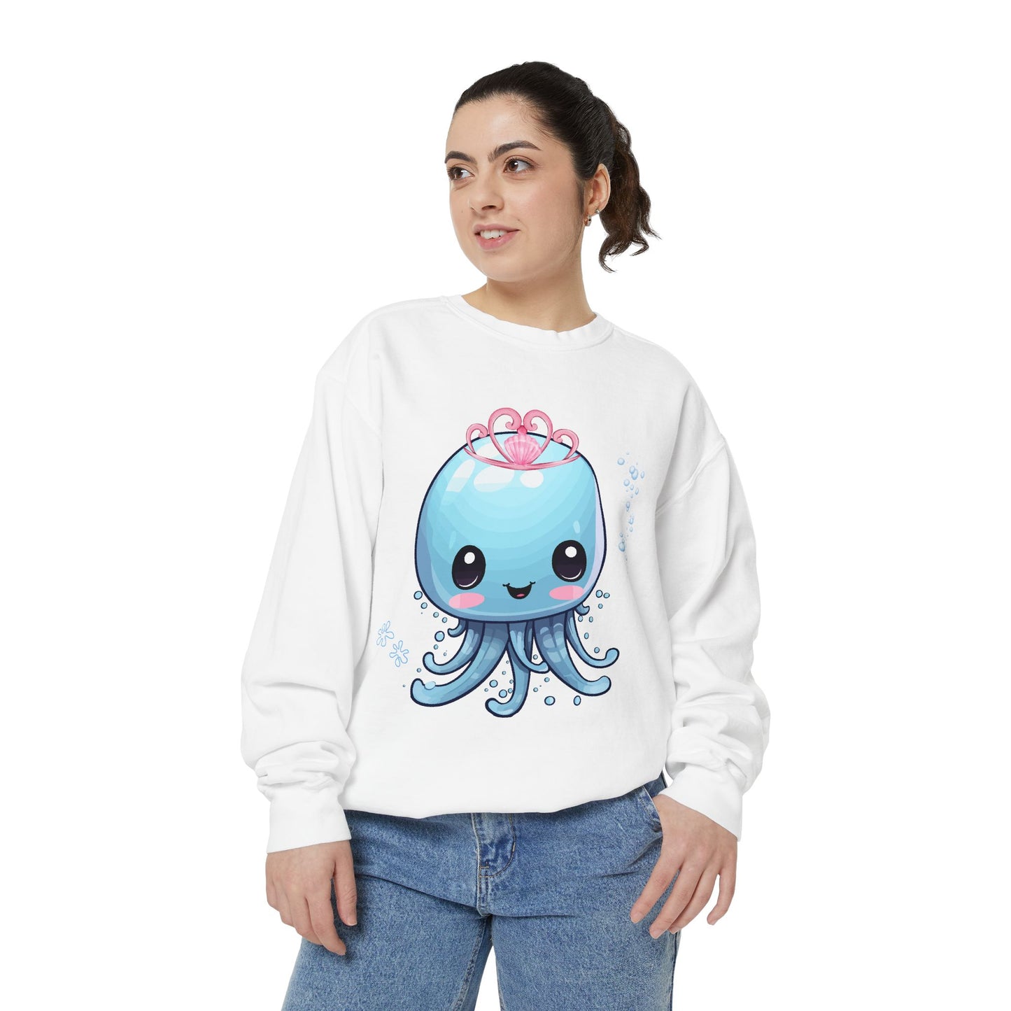 Blue jellyfish with a pink tiara Unisex Garment-Dyed Sweatshirt