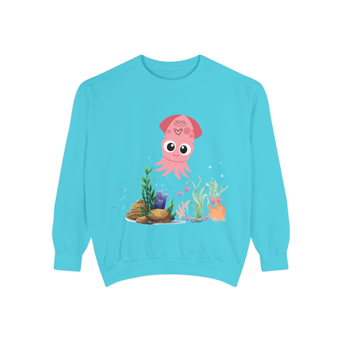 Pink squid cartoon with love Unisex Garment-Dyed Sweatshirt