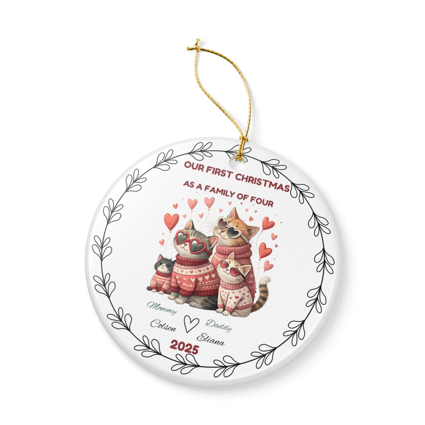 Cute Cat Family Christmas Ornament, Personalized Holiday Decoration, Family of Four Keepsake, Pet Lover Gift, Christmas Tree Decor