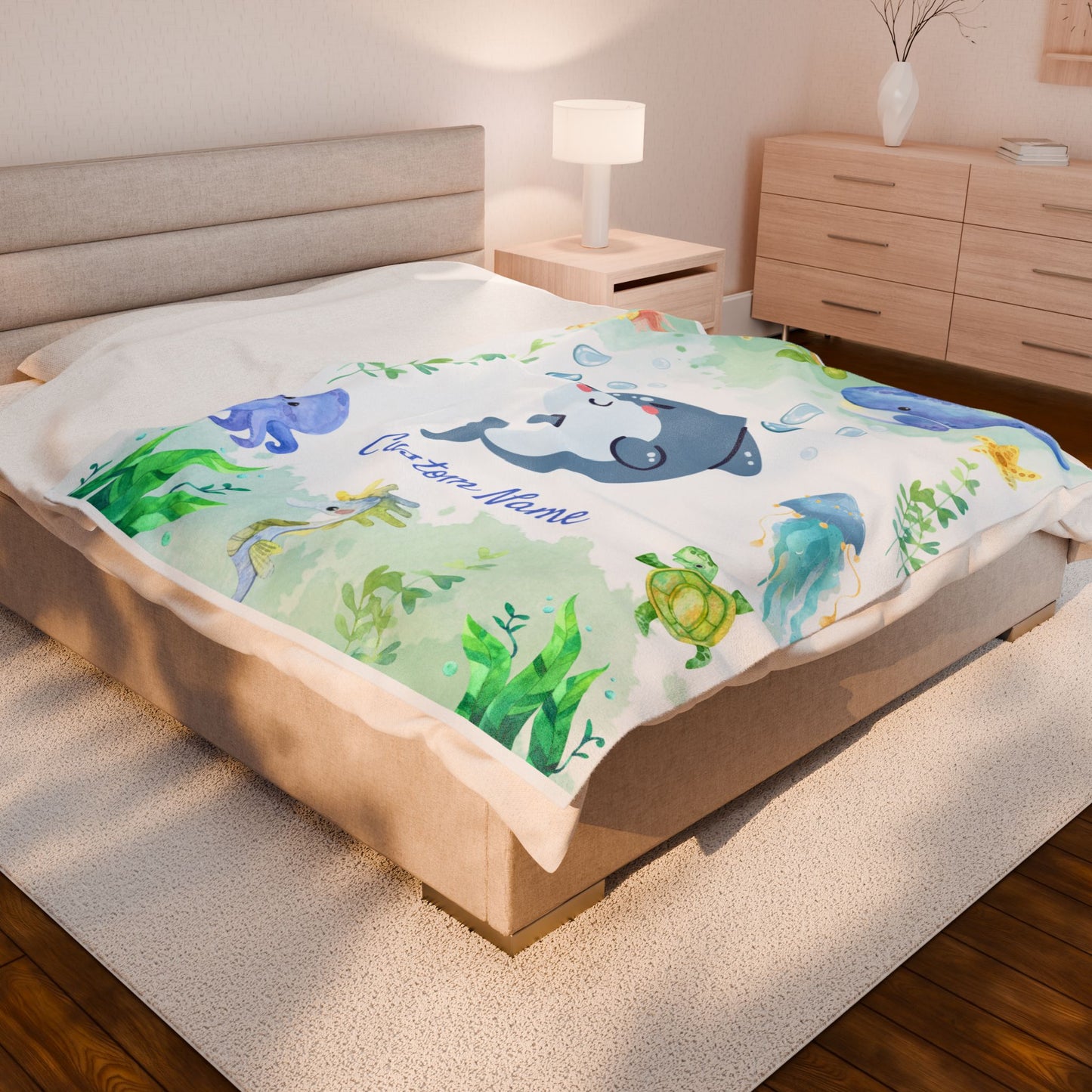Customizable Velveteen Plush Blanket with Cute Marine Design, Ideal for Kids' Rooms, Gifts for Birthdays, Showers, and Holidays, Cozy Decor