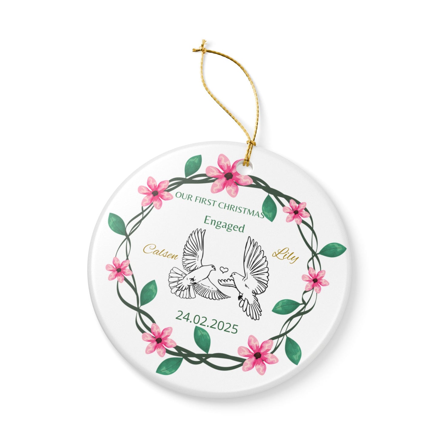 Personalized Engagement Ceramic Ornament | First Christmas Keepsake, Holiday Decor, Custom Gift, Wedding Memento, Love Decoration