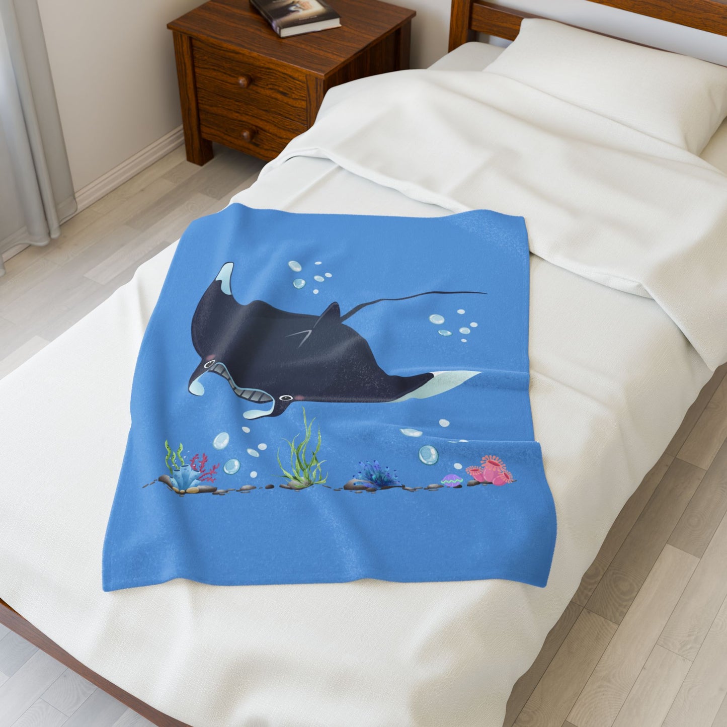 Manta ray with bubbles and coral reef Velveteen Plush Blanket