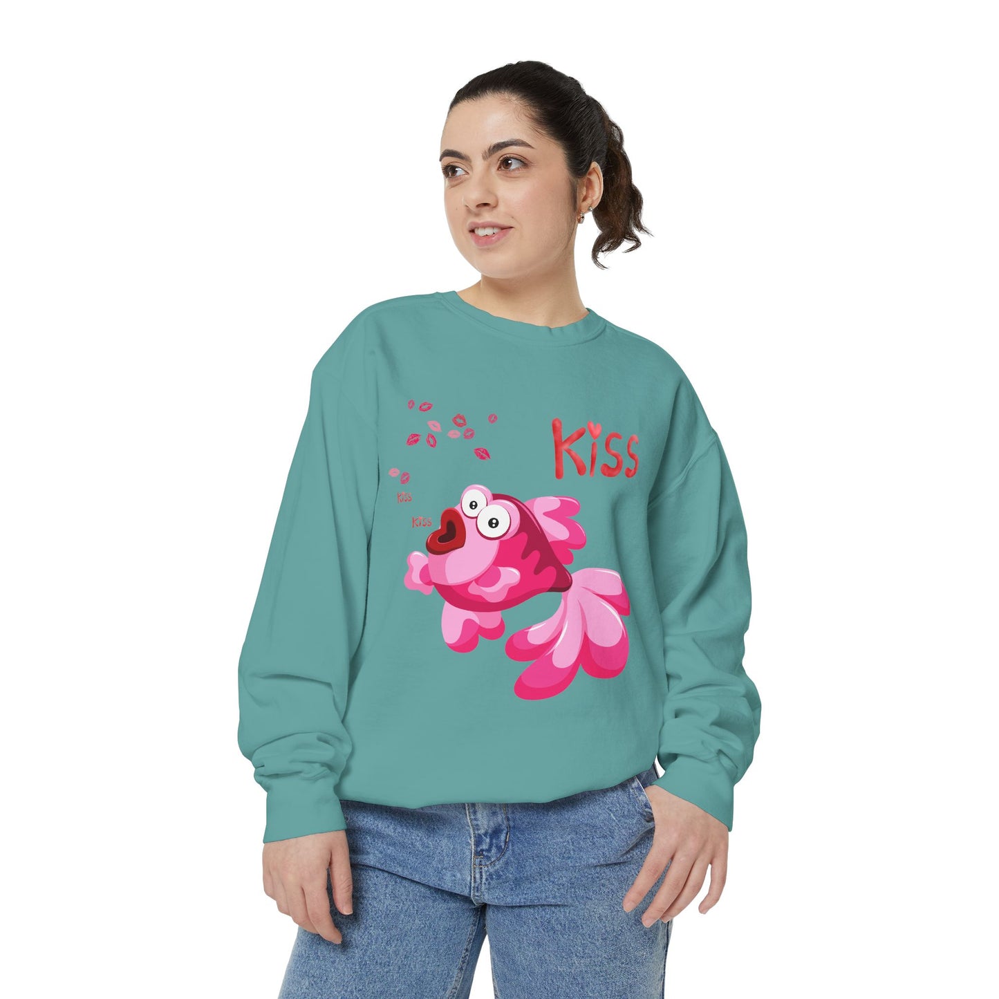 Pink fish with open mouth and kiss Unisex Garment-Dyed Sweatshirt