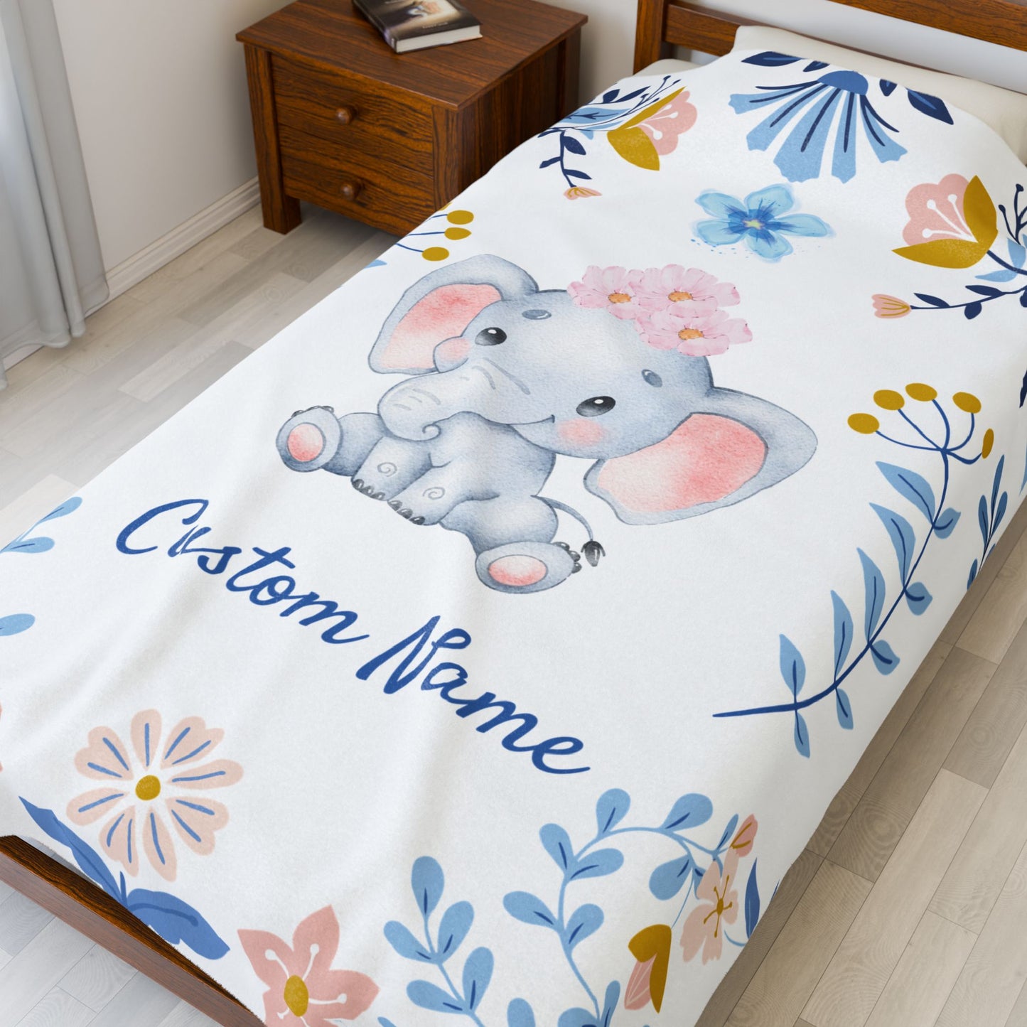 Customizable Velveteen Plush Blanket with Elephant Design, Cozy Throw, Baby Shower Gift, Nursery Decor, Personalized Baby Blanket