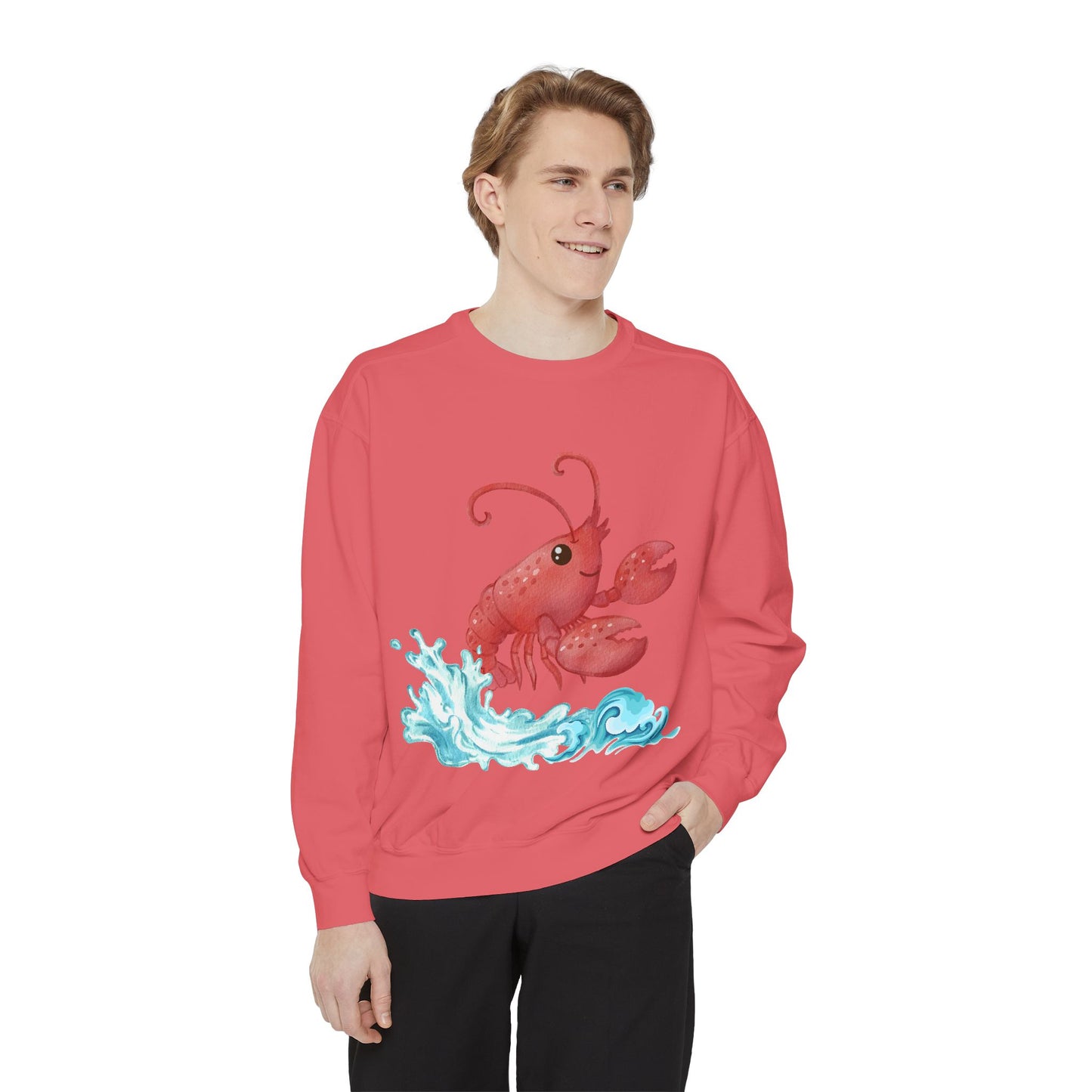 Cheerful red lobster emerging from stylized blue waves Unisex Garment-Dyed Sweatshirt