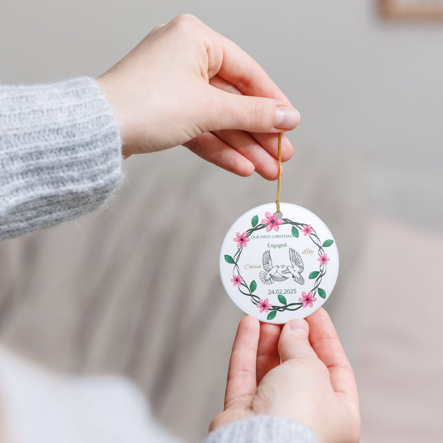 Personalized Engagement Ceramic Ornament | First Christmas Keepsake, Holiday Decor, Custom Gift, Wedding Memento, Love Decoration