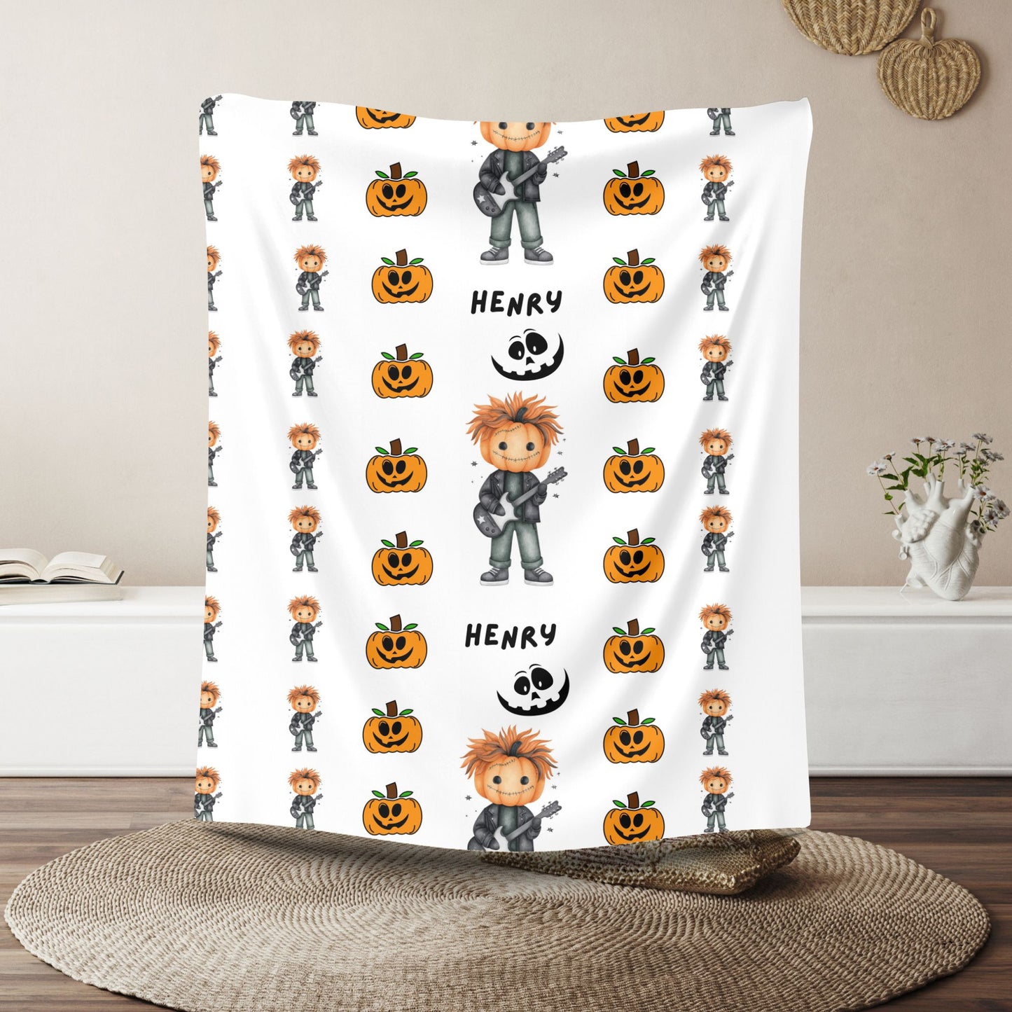 Spooky Fun Personalized Velveteen Plush Blanket, Halloween Throw Blanket, Cozy Gift for Kids, Seasonal Home Decor, Pumpkin & Monster Design