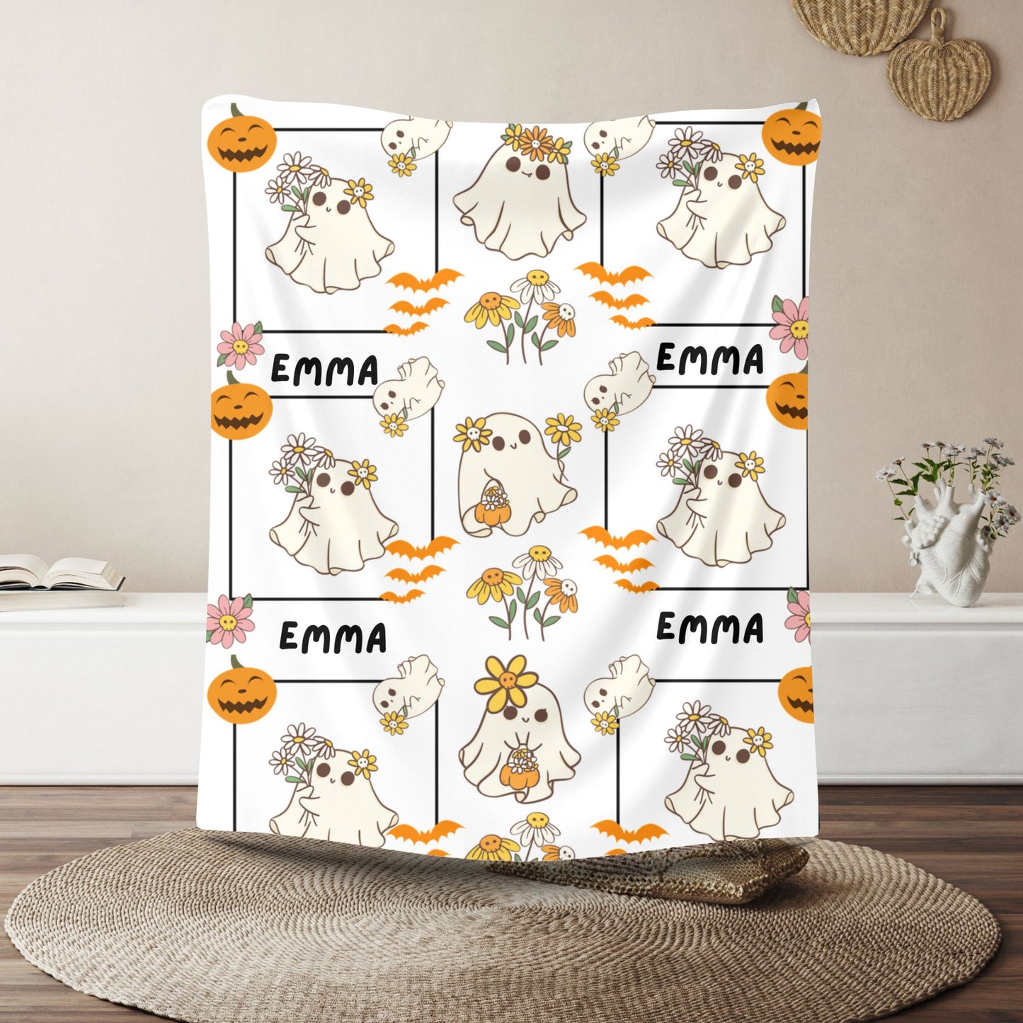Whimsical Ghosts Velveteen Plush Blanket | Cozy Halloween Decor, Gift for Kids & Teens, Soft Plush Throw, Cute Couch Accessory