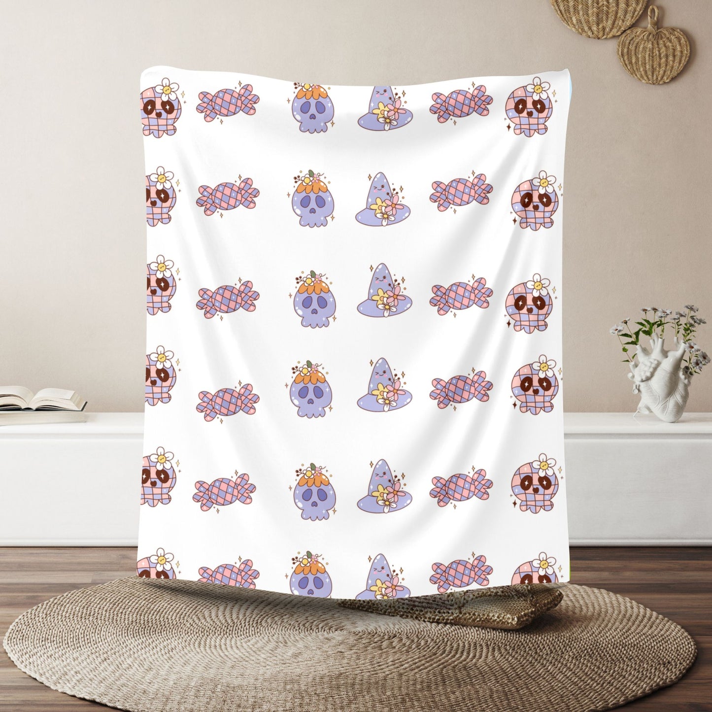 Cozy Velveteen Plush Blanket - Fun Skull & Floral Pattern, Unique Home Decor, Great Gift for Halloween, Birthdays, or Cozy Nights