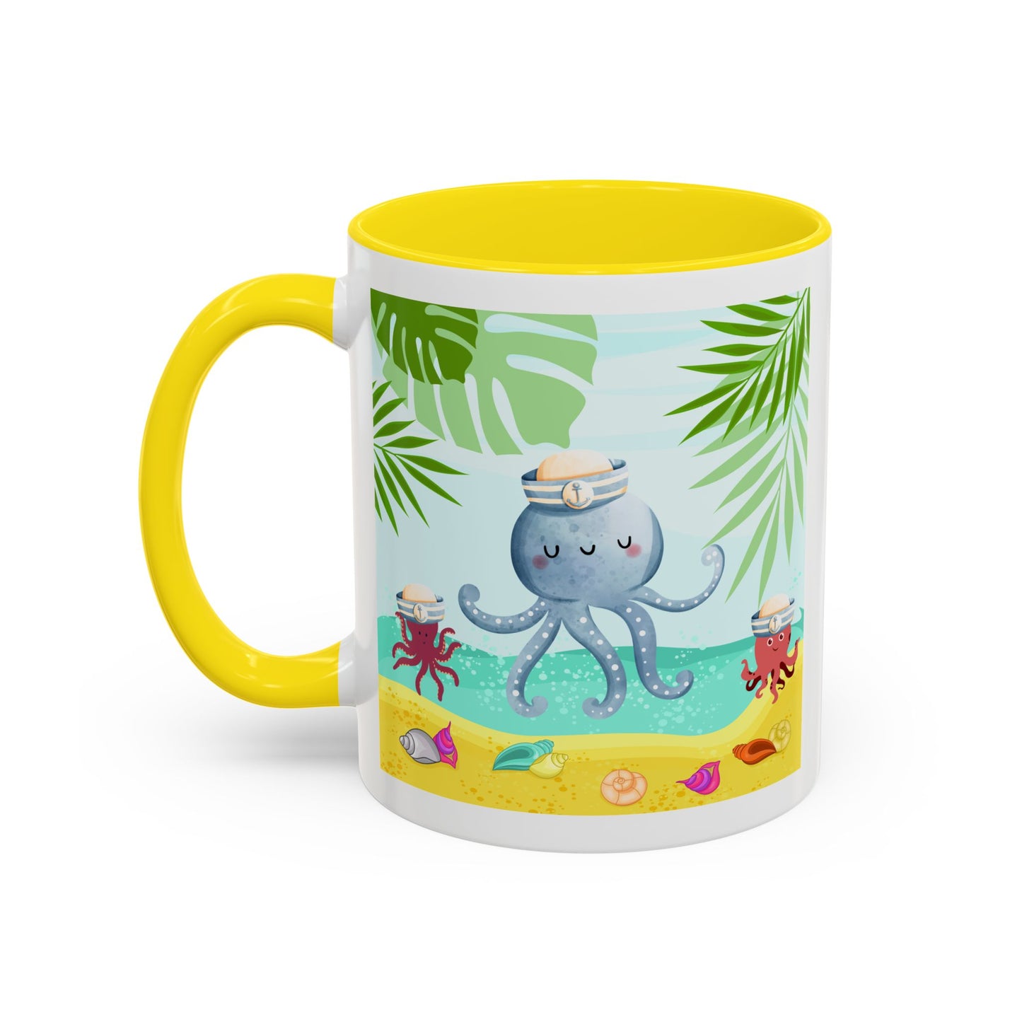 Octopus on a beach scene with tropical Coffee Mug