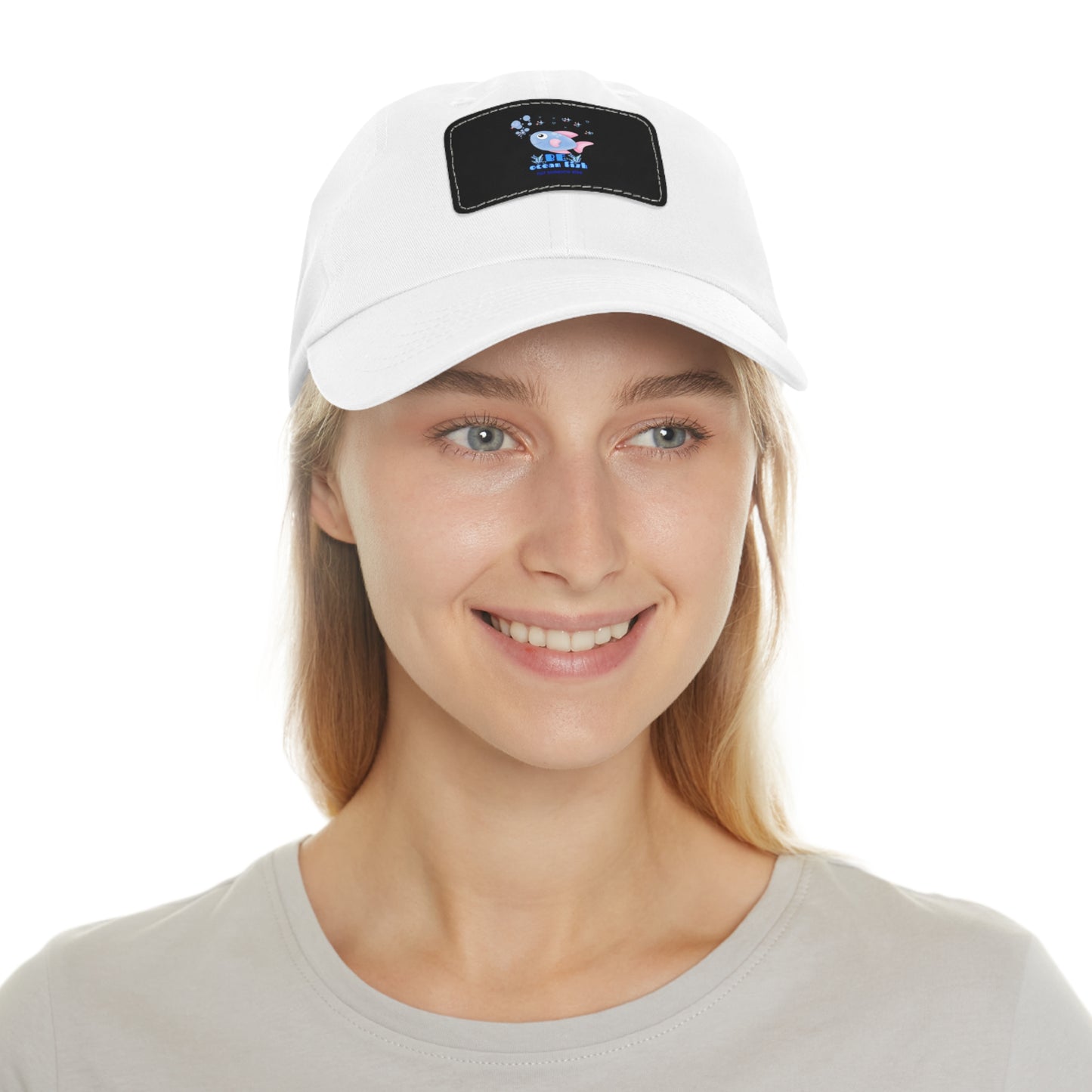Cute cartoon fish with pink fins and bubble Dad Hat with Leather Patch (Rectangle)