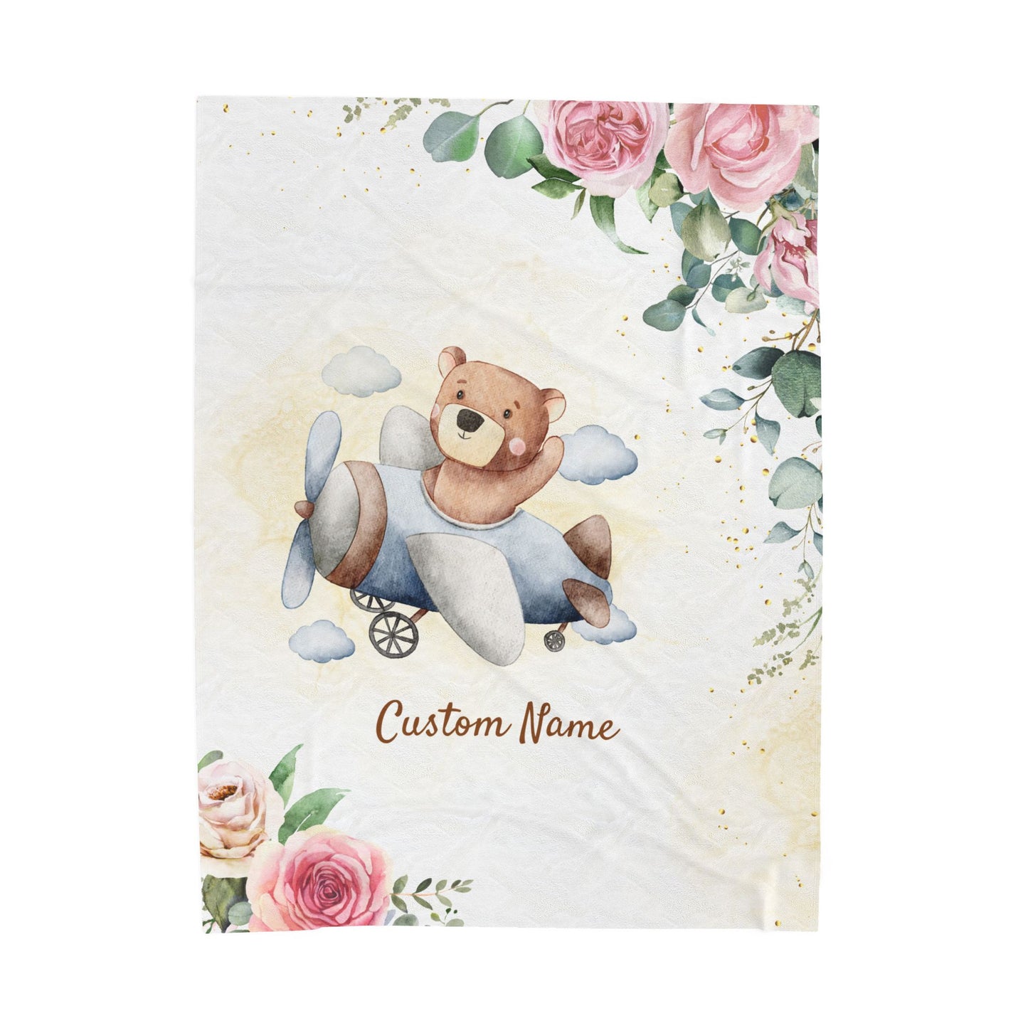 Personalized Velveteen Plush Blanket with Custom Name, Kids Blanket, Nursery Decor, Baby Shower Gift, Floral Bear Design