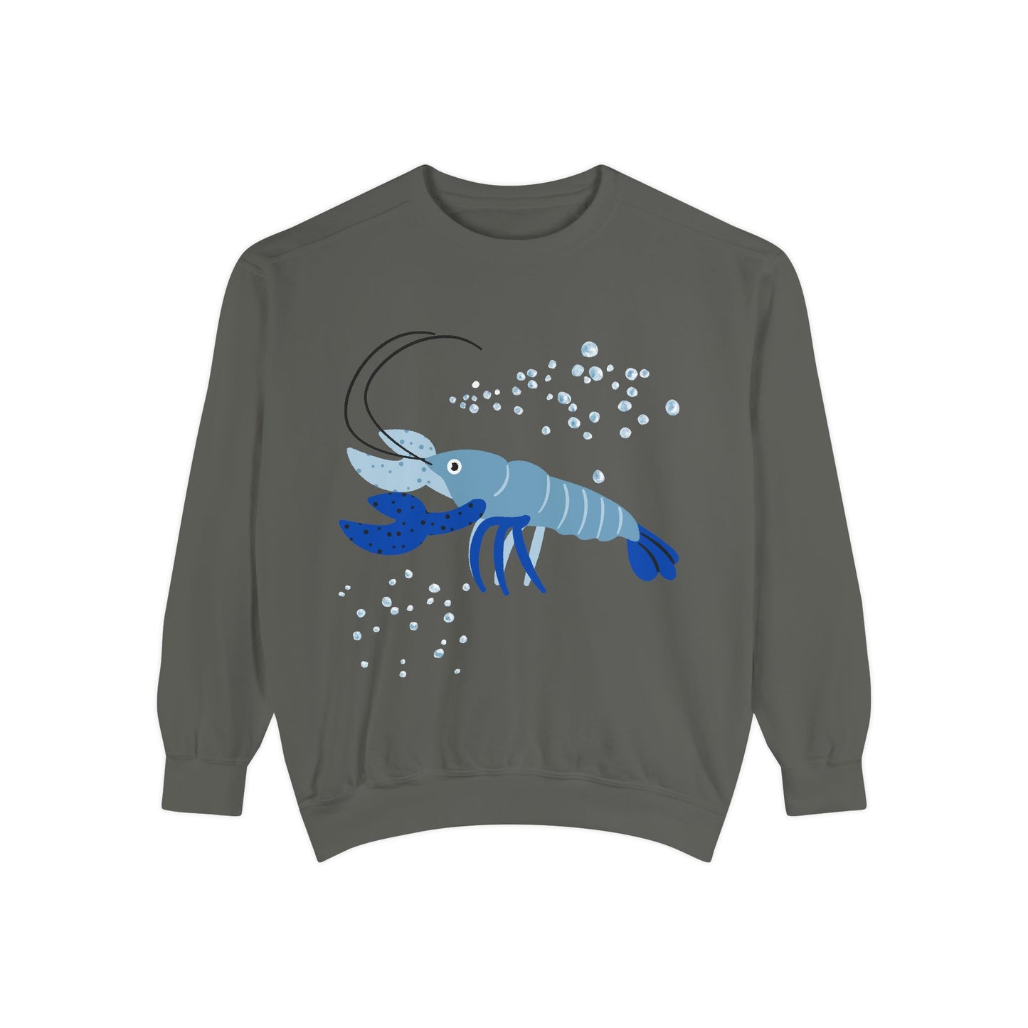 Blue shrimp with dark blue claws and bubbles Unisex Garment-Dyed Sweatshirt