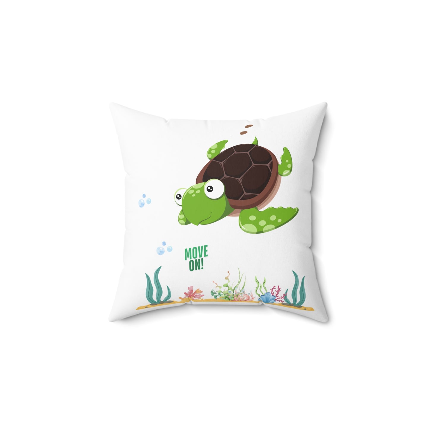 Turtle with seaweed and bubble Spun Polyester Square Pillow