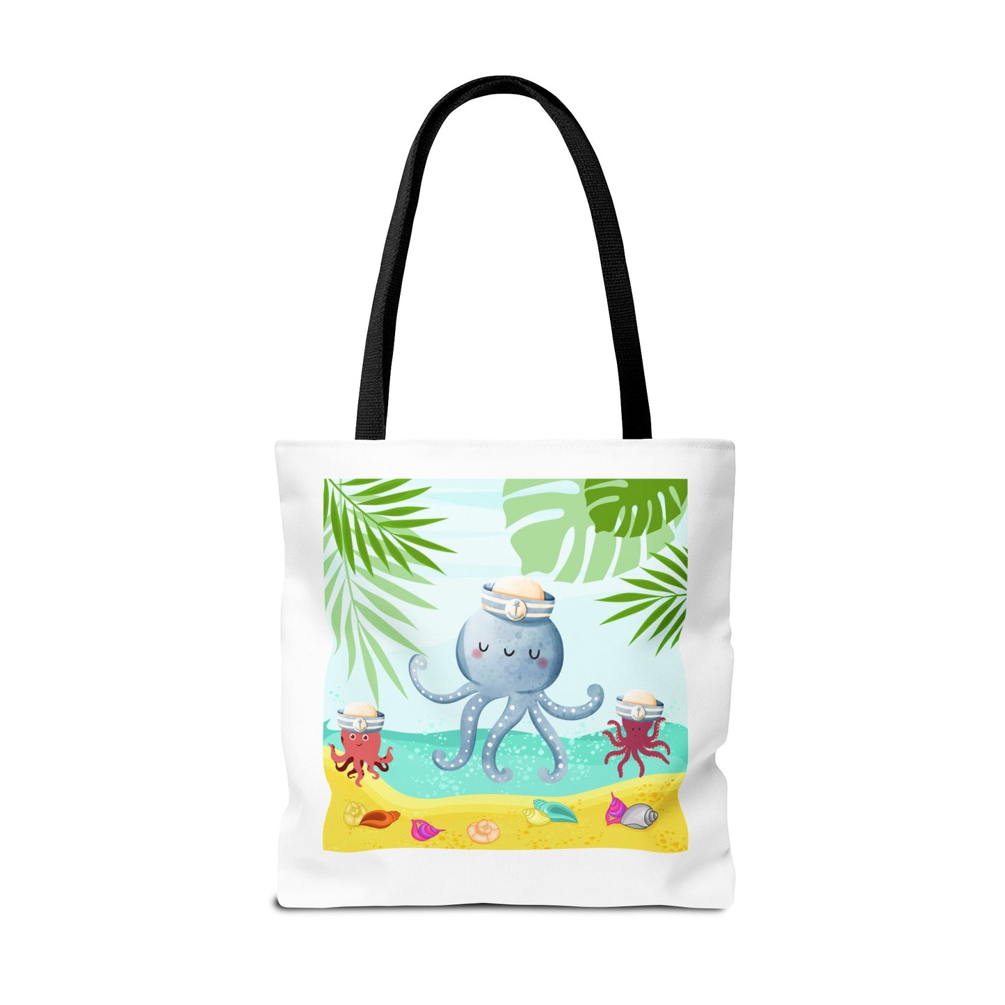 Octopus on a beach scene with tropical Tote Bag