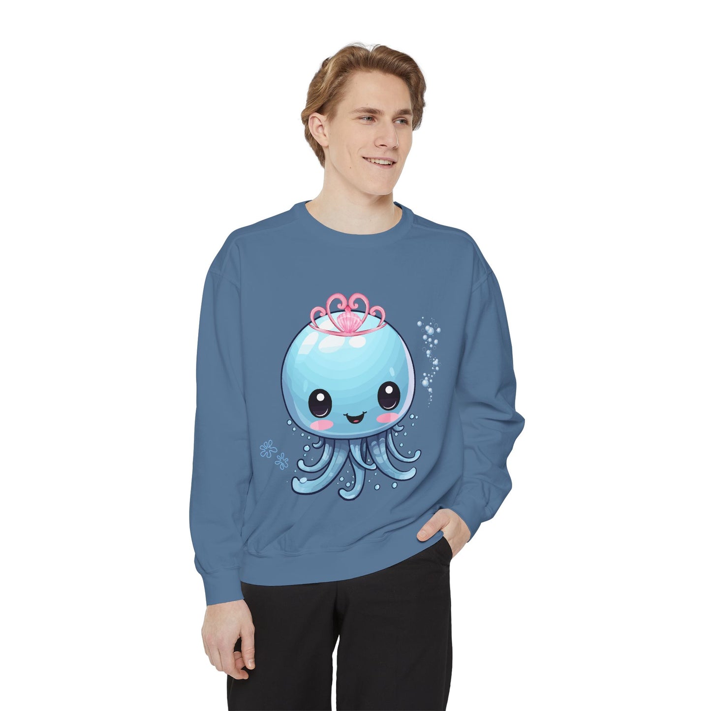 Blue jellyfish with a pink tiara Unisex Garment-Dyed Sweatshirt