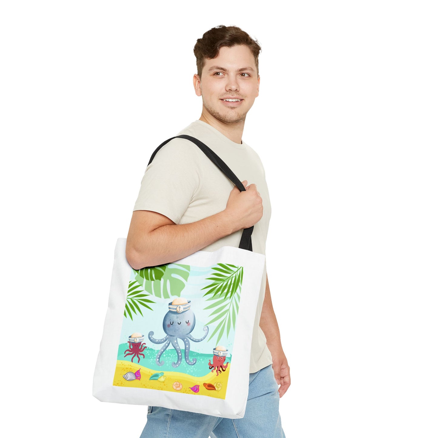Octopus on a beach scene with tropical Tote Bag