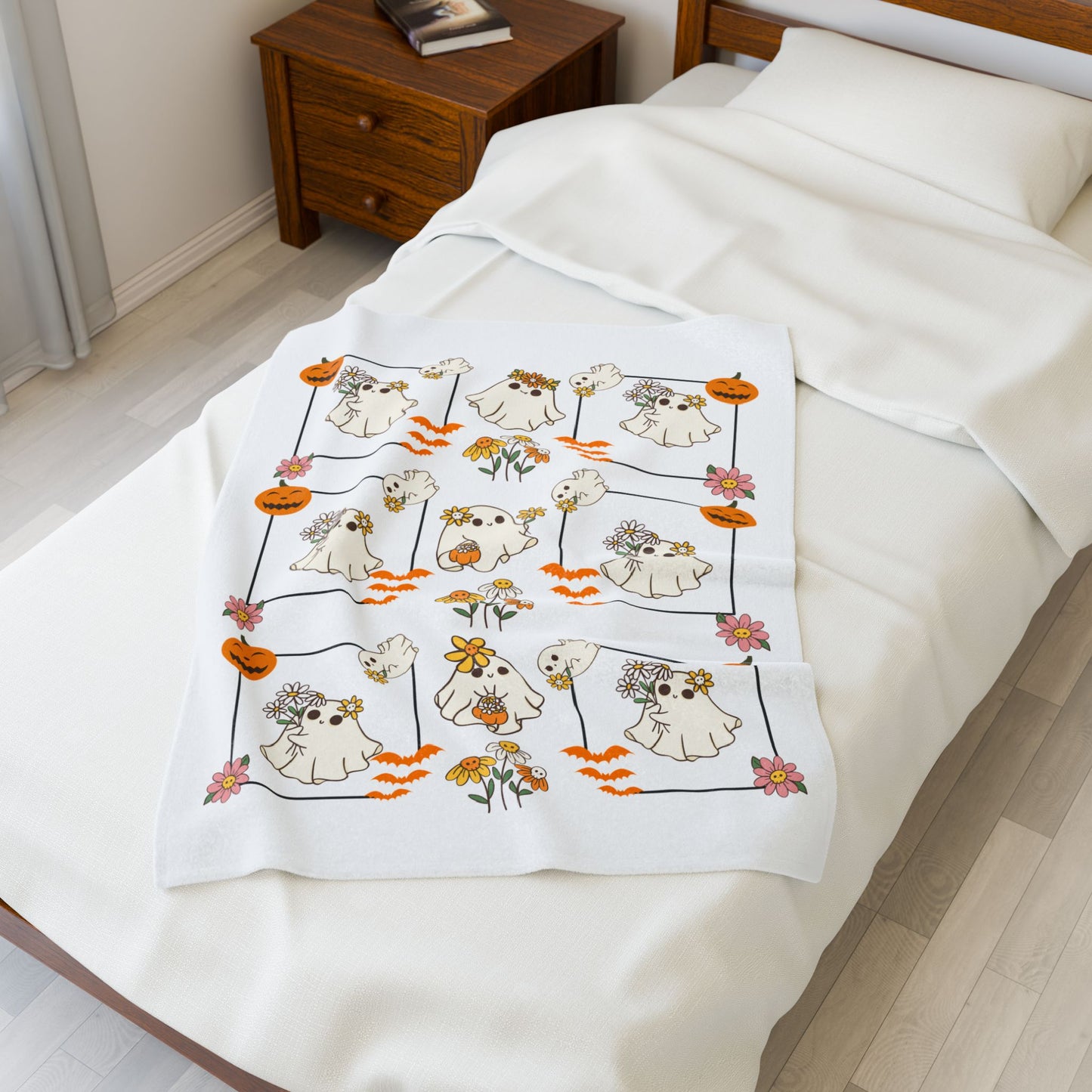 Whimsical Ghosts Velveteen Plush Blanket | Cozy Halloween Decor, Gift for Kids & Teens, Soft Plush Throw, Cute Couch Accessory
