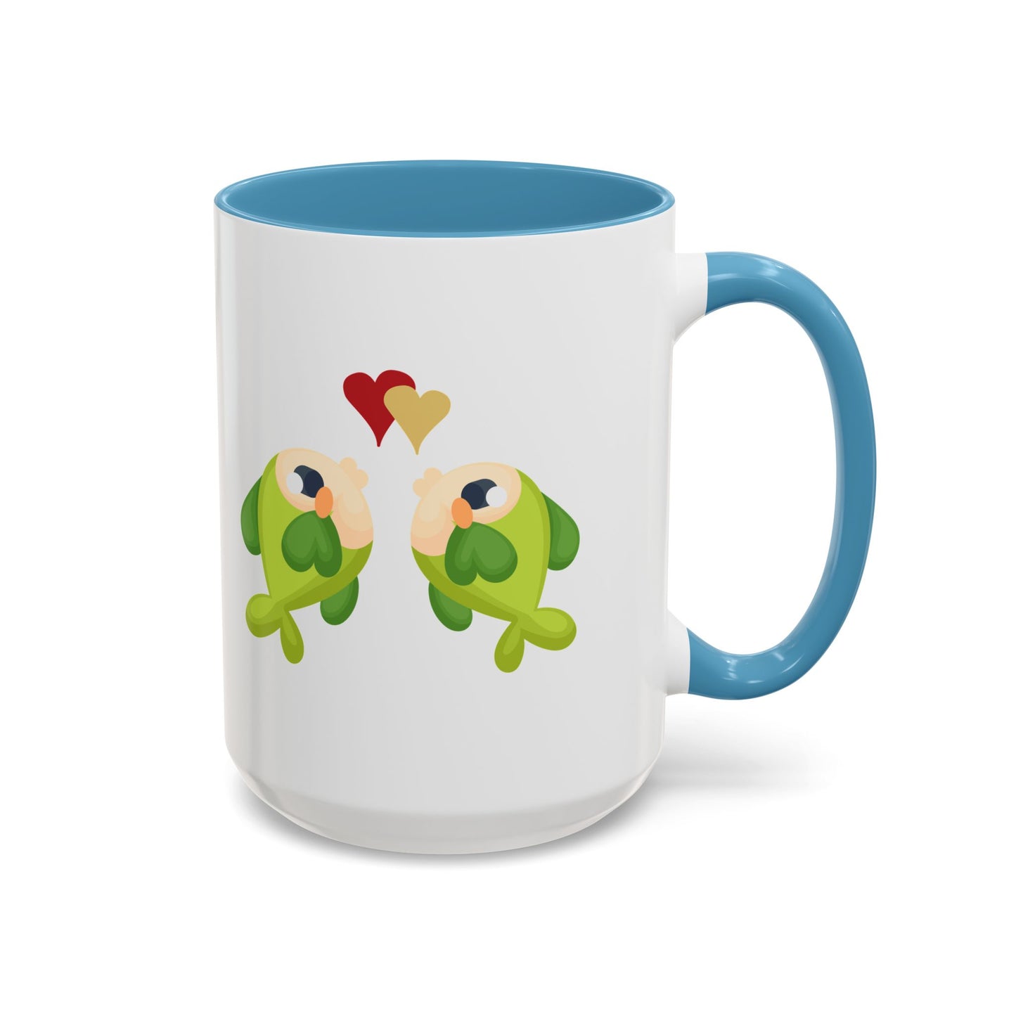 Two hearts float between the fish one red and one yellow. Coffee Mug