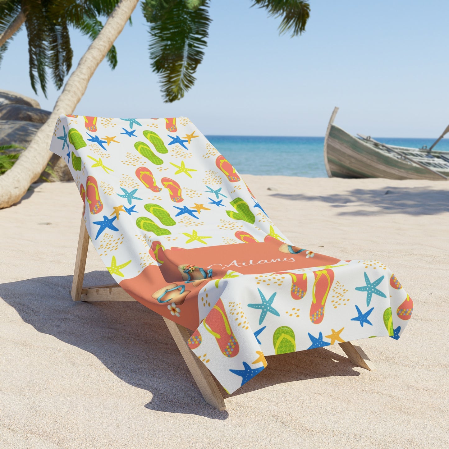 Personalized Flip Flop Beach Towel – Colorful Summer Sandals & Starfish Design