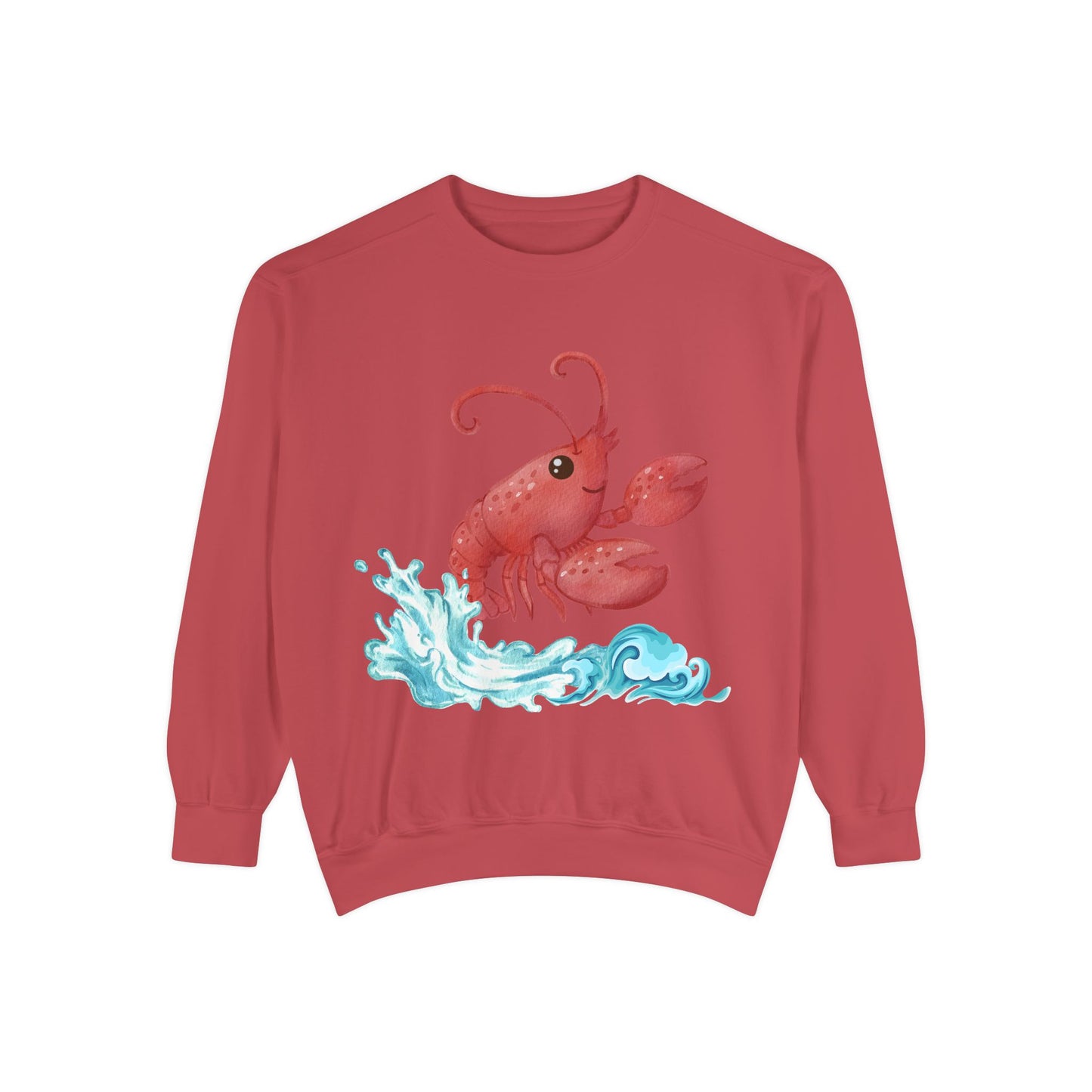 Cheerful red lobster emerging from stylized blue waves Unisex Garment-Dyed Sweatshirt