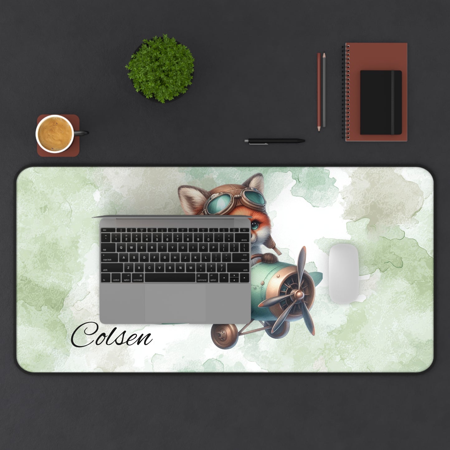 Cute Fox Pilot Desk Mat, Personalized Desk Accessories, Kids Room Decor, Office Supplies, Animal Lover Gift