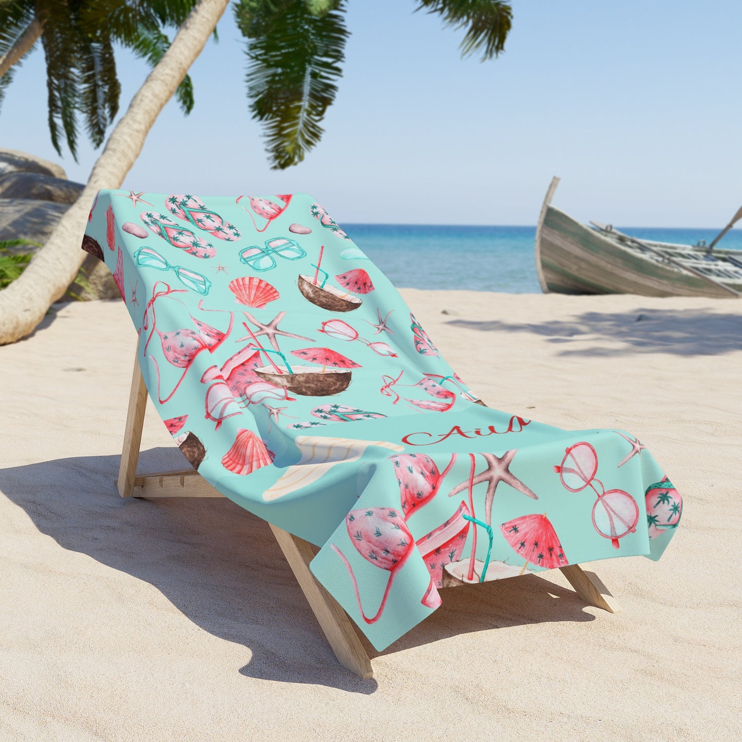 Personalized Seashell Beach Towel — Aqua Shell & Sunglasses Summer Design