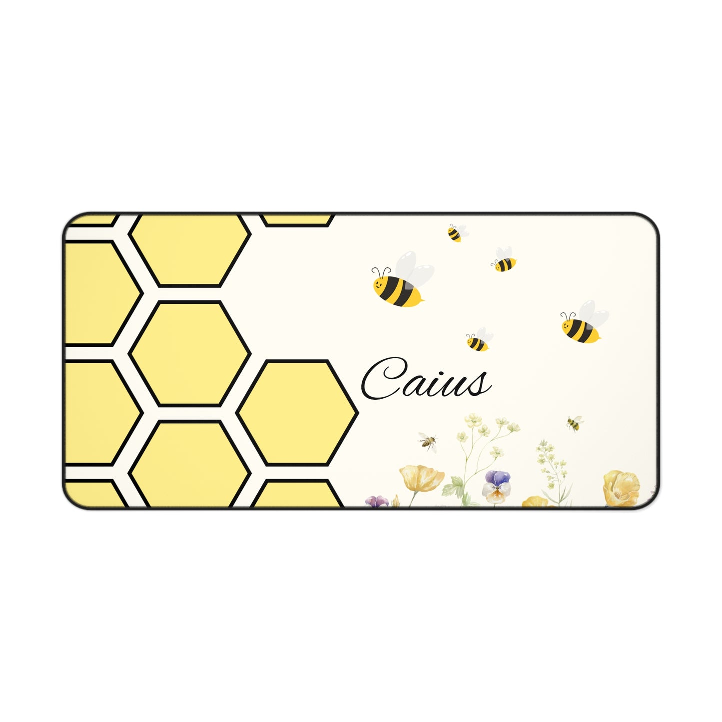 Personalized Honeycomb Desk Mat, Custom Office Decor, Bee Themed Mouse Pad, Cute Gift for Bee Lovers, Yellow Floral Desk Accessory