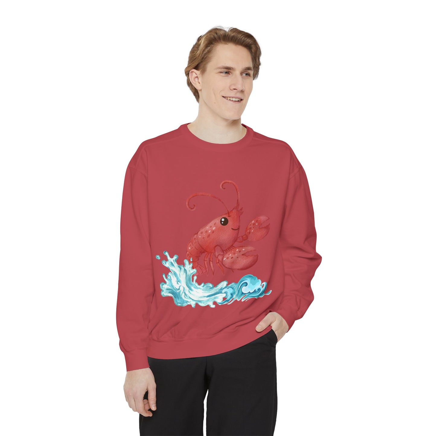 Cheerful red lobster emerging from stylized blue waves Unisex Garment-Dyed Sweatshirt