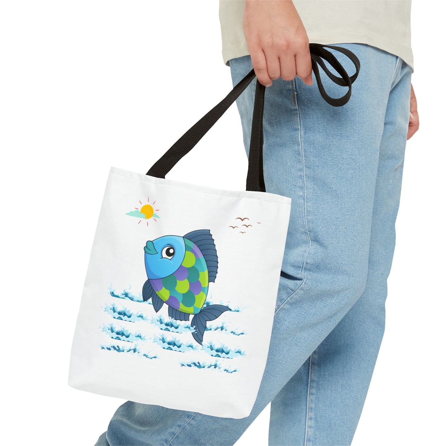 Fish with a sun and birds in the sky above water Tote Bag