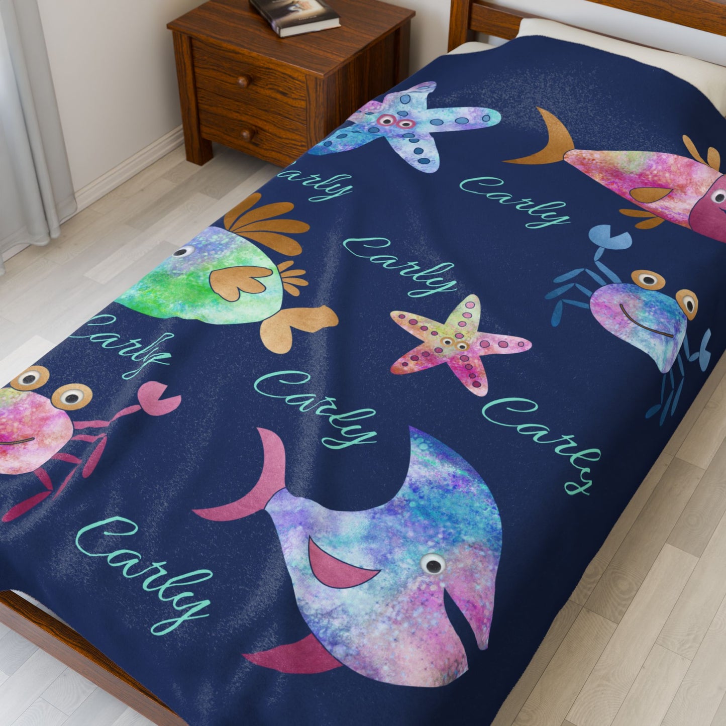 Personalized Velveteen Plush Blanket - Colorful Sea Creatures Design, Custom Gift, Kids Bedroom Decor, Cozy Blanket, Kids Gift